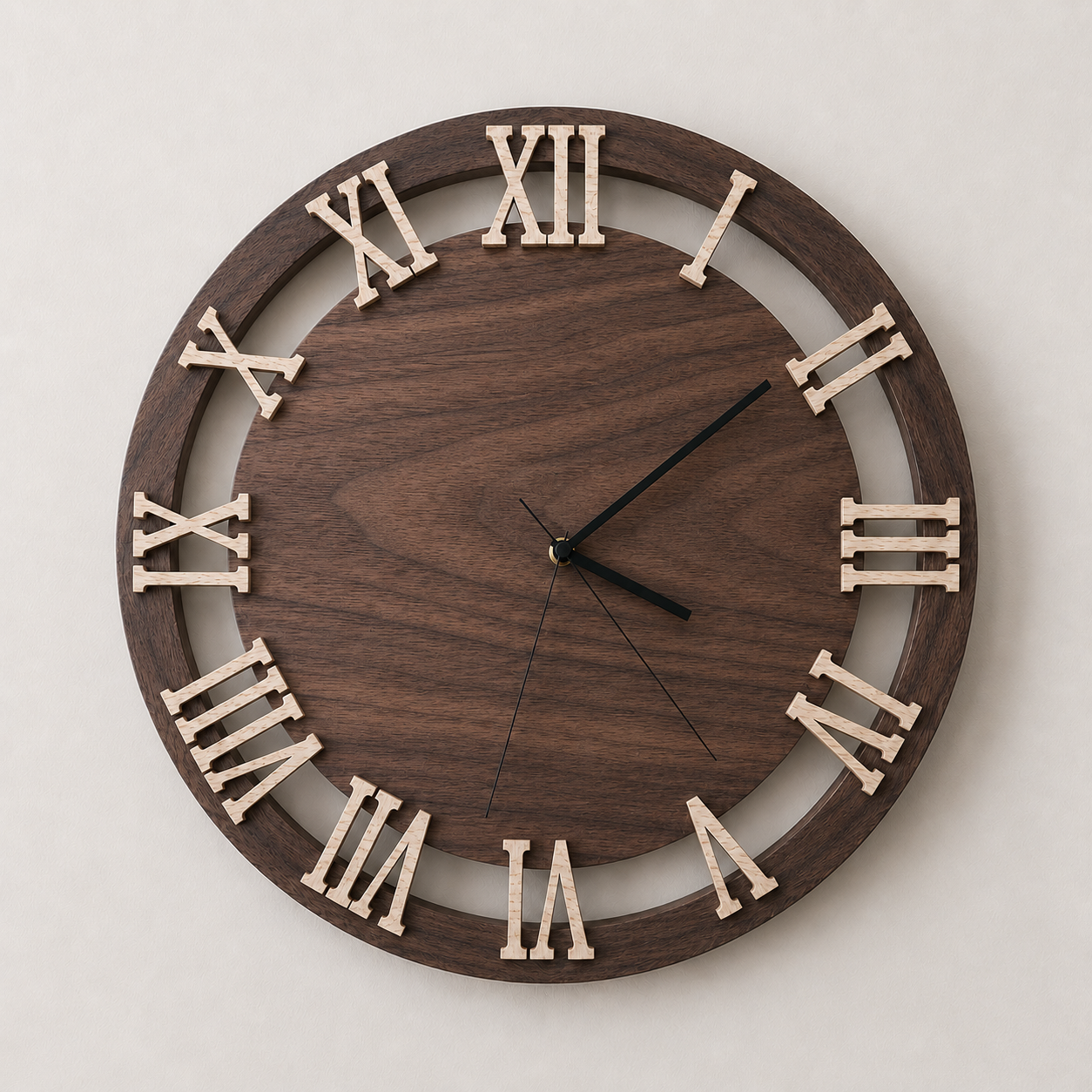 A round wall clock with a wooden face and Roman numeral hour markers, featuring black hour, minute, and second hands.