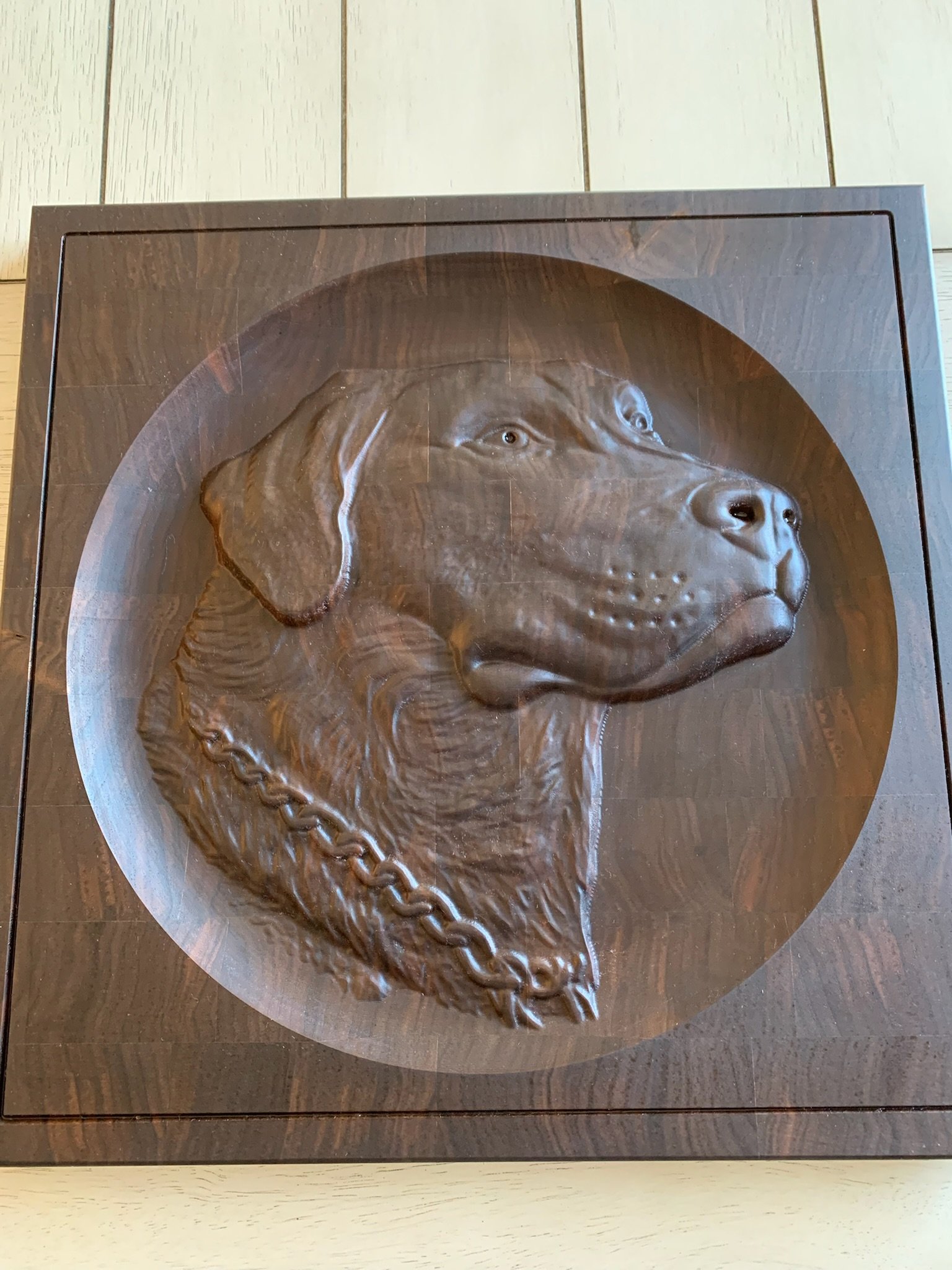 Wooden wall plaque featuring a carved lion's head with a chain below it.