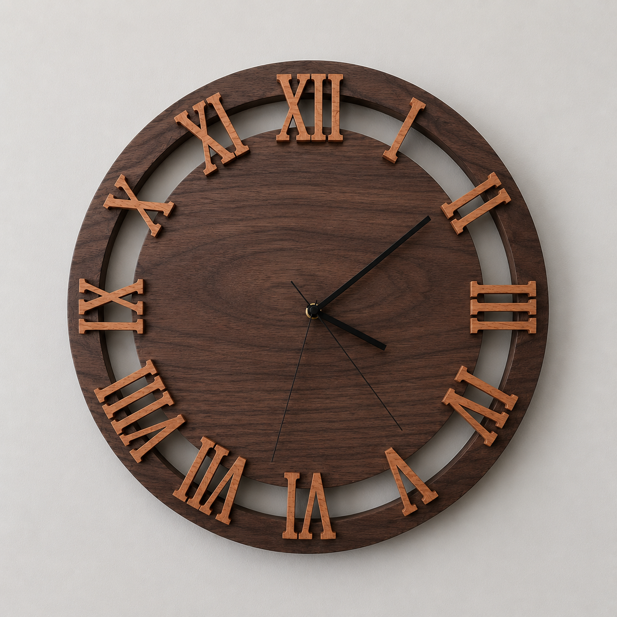 Wall clock with wooden frame and Roman numerals, showing the time as 3:05.