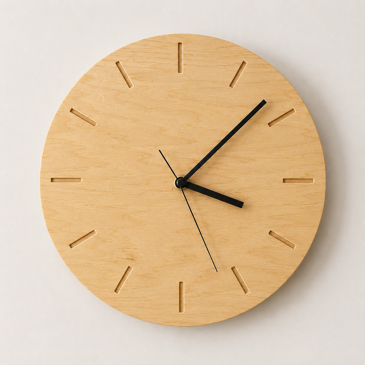 A round wooden wall clock with black hour, minute, and second hands showing 3:07