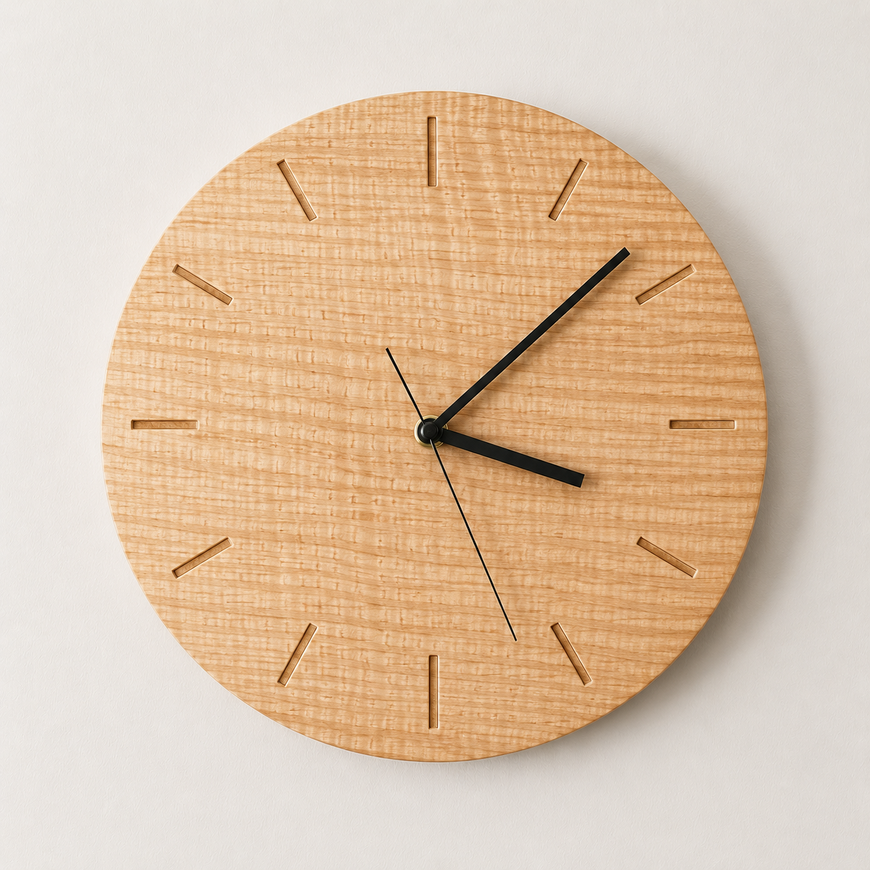A round wall clock with a wooden face, black hour and minute hands, a thin black second hand, and minimalist rectangular hour markers, mounted on a white wall.