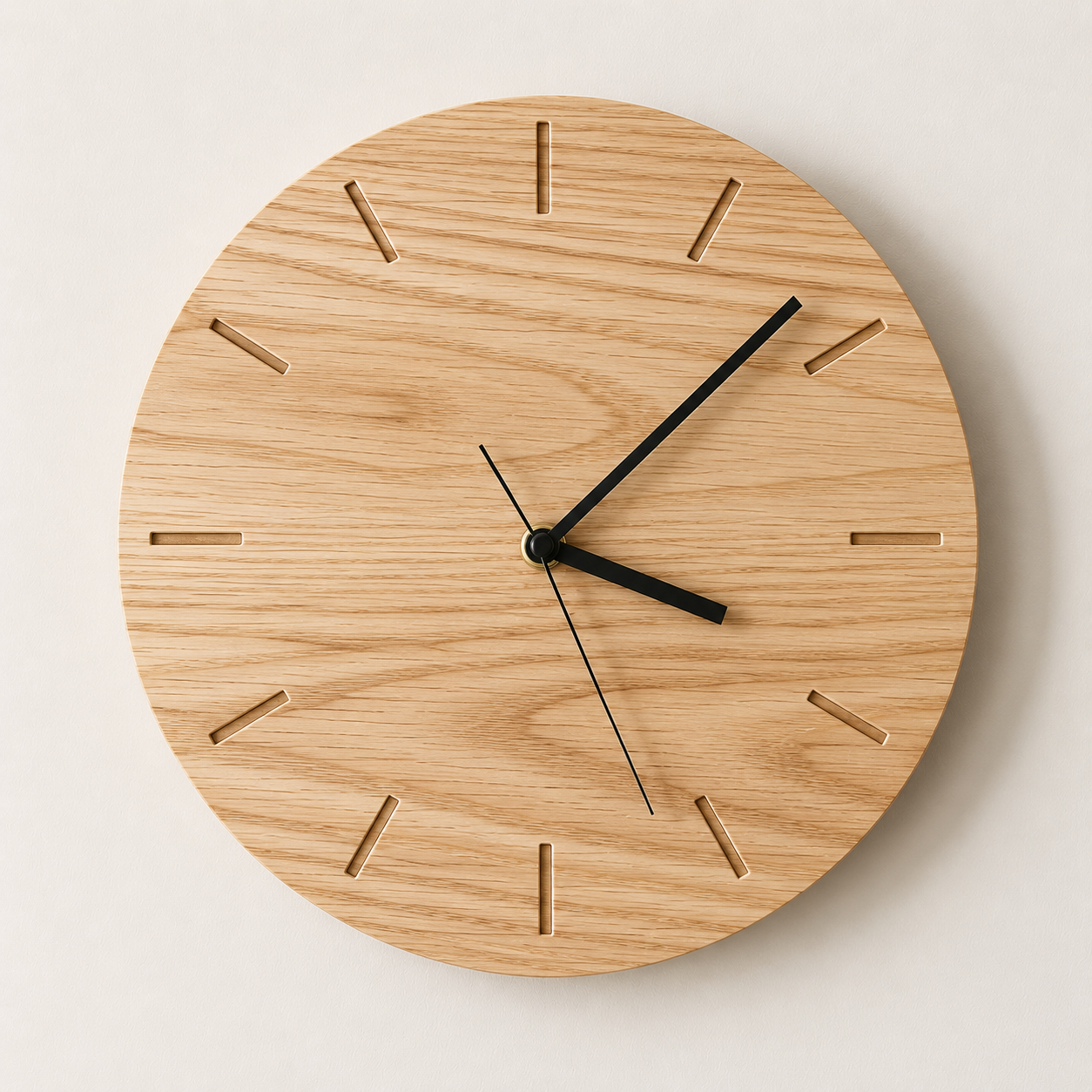 Round wooden wall clock with black hour, minute, and second hands showing the time as approximately 4:08.
