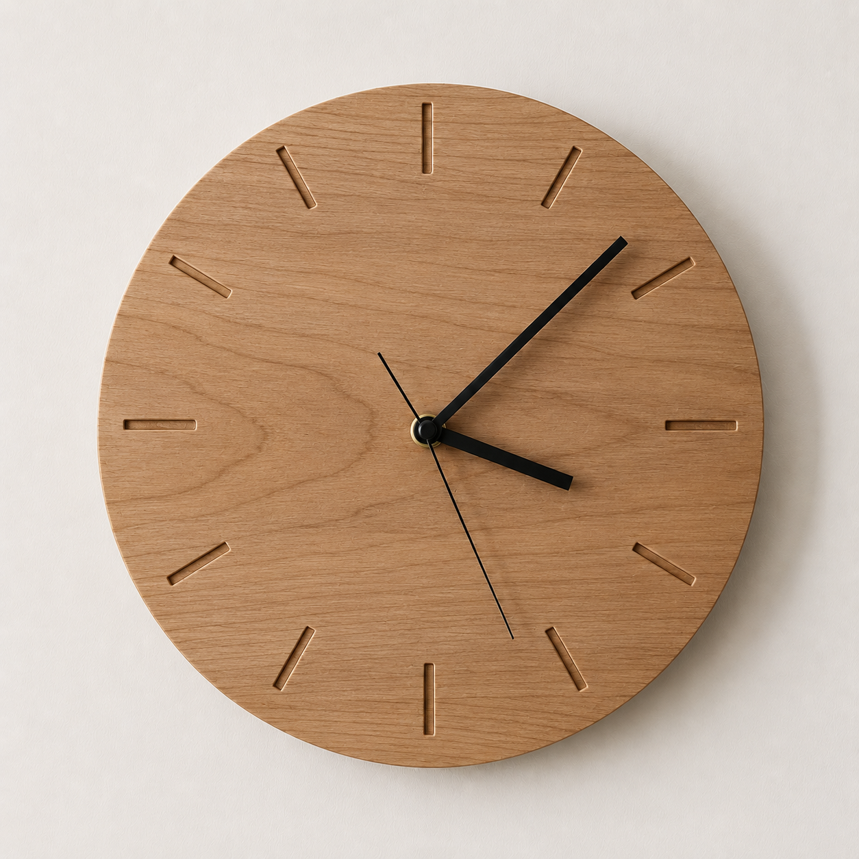 Round wall clock with a wooden face, minimal hour markers, and black hour, minute, and second hands showing the time as 3:07.