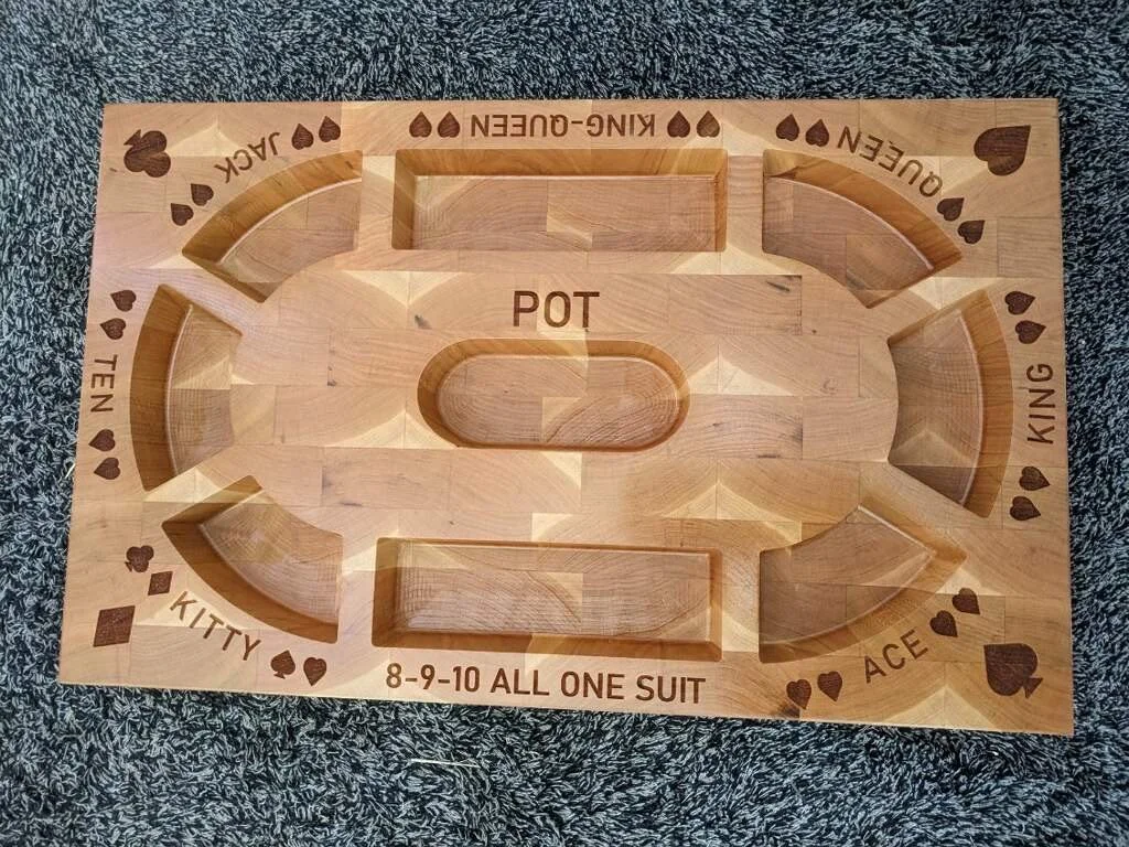 A wooden poker dice tray with labeled sections for each suit: Queen, Jack, King, Ace, Kitty, Ten, and Pot in the center. The tray is designed to hold poker dice.