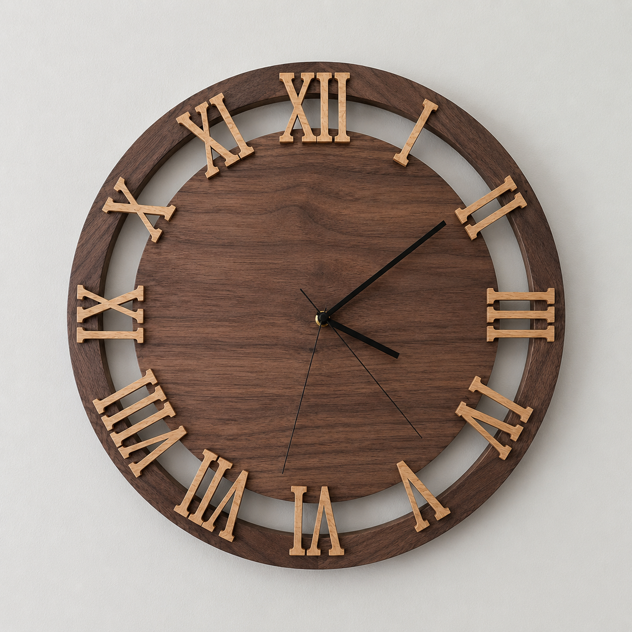 Wooden wall clock with Roman numerals and black hour, minute, and second hands.