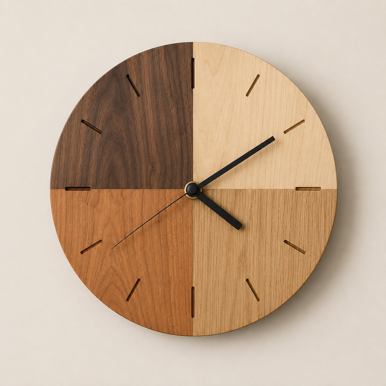 Round wooden wall clock divided into four quadrants with different shades of natural wood, black hour and minute hands, and a thin second hand, mounted on a plain white wall.