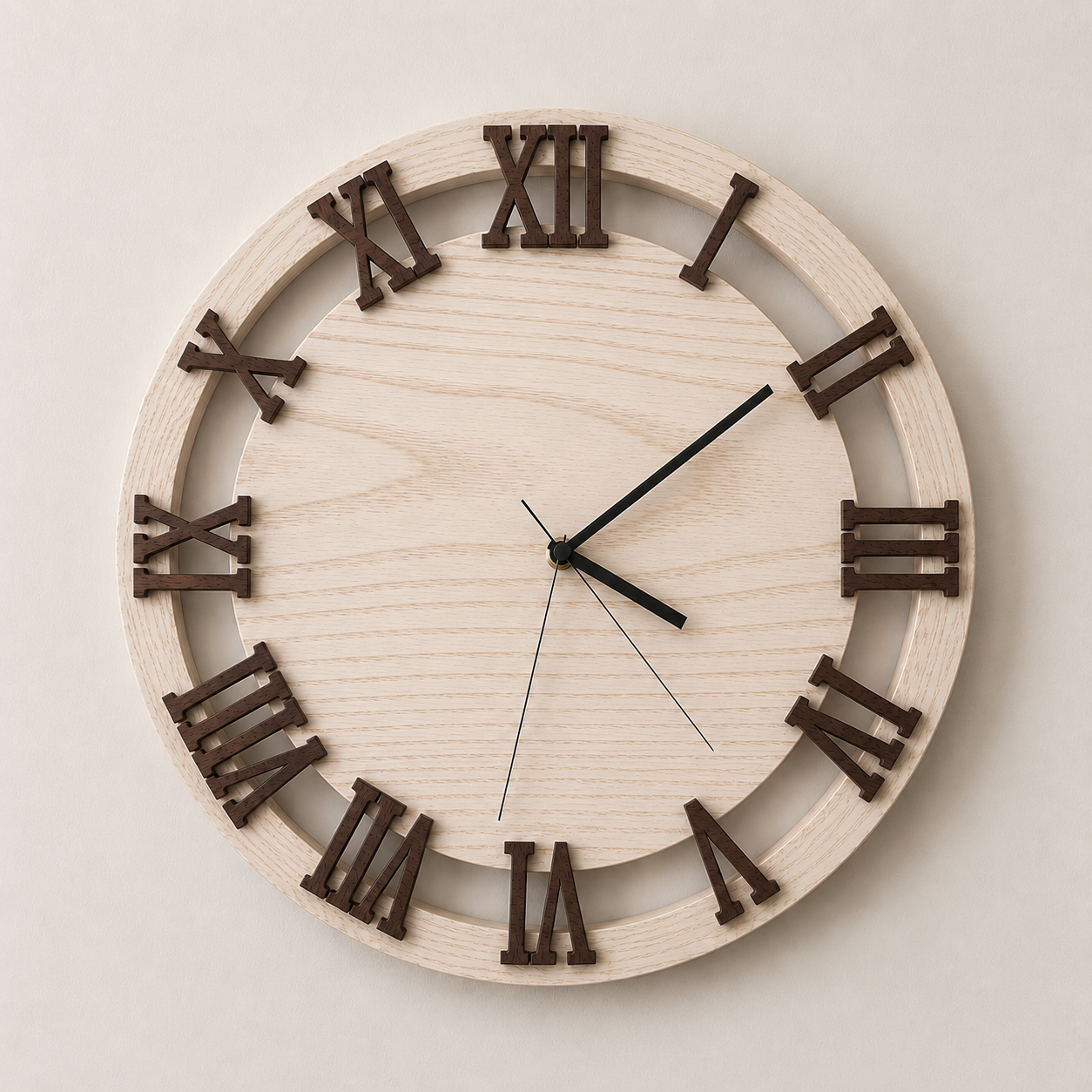A round wall clock with a light wooden face and dark brown Roman numerals, black hour, minute, and second hands showing the time as 3:08:33, mounted on a plain white wall.