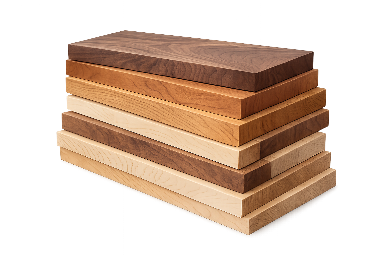 Stacked wooden planks of various shades from light to dark.