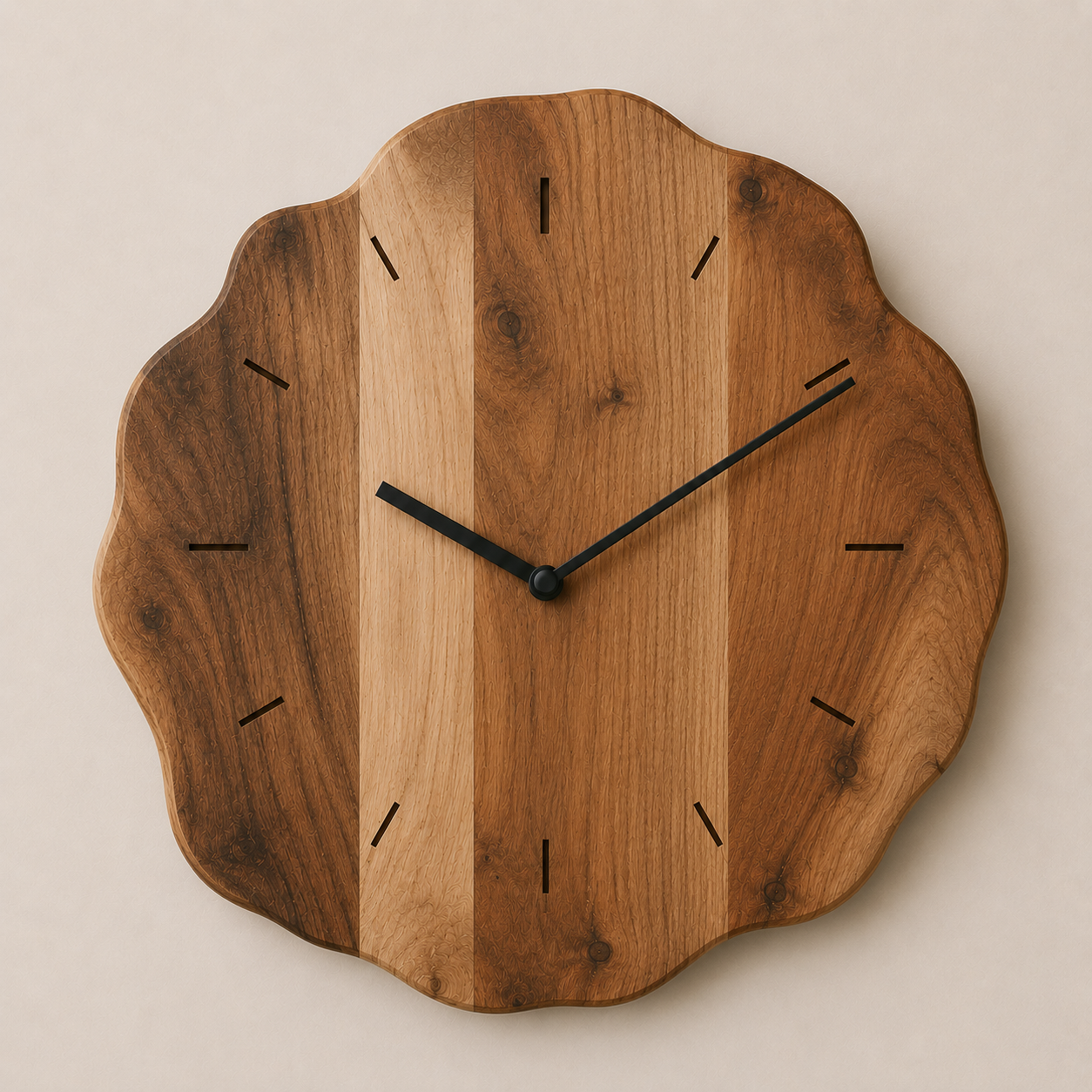 Clock with a wavy wooden frame and black hour and minute hands, showing the time as approximately 8:15, against a plain light background.