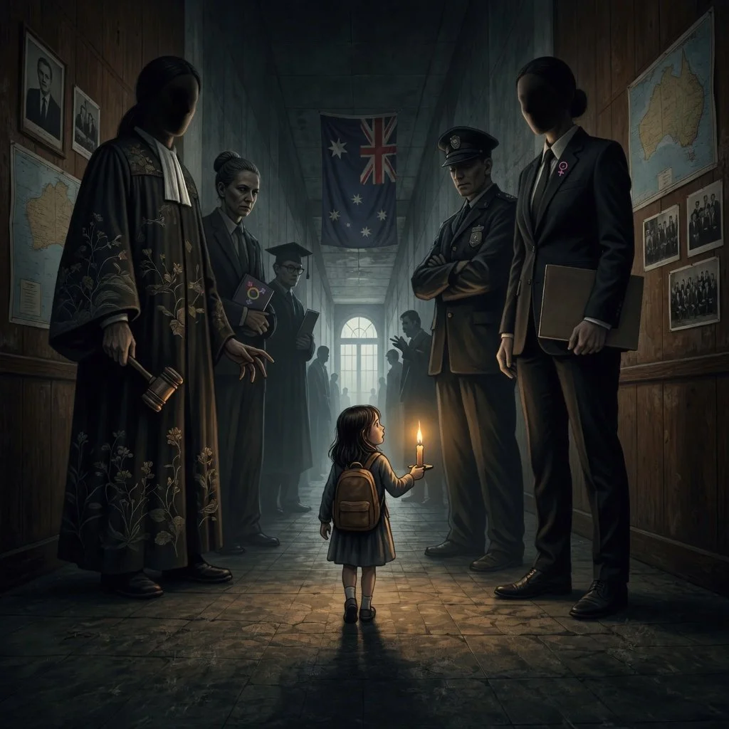 Image of child holding candle while authority figures loom above