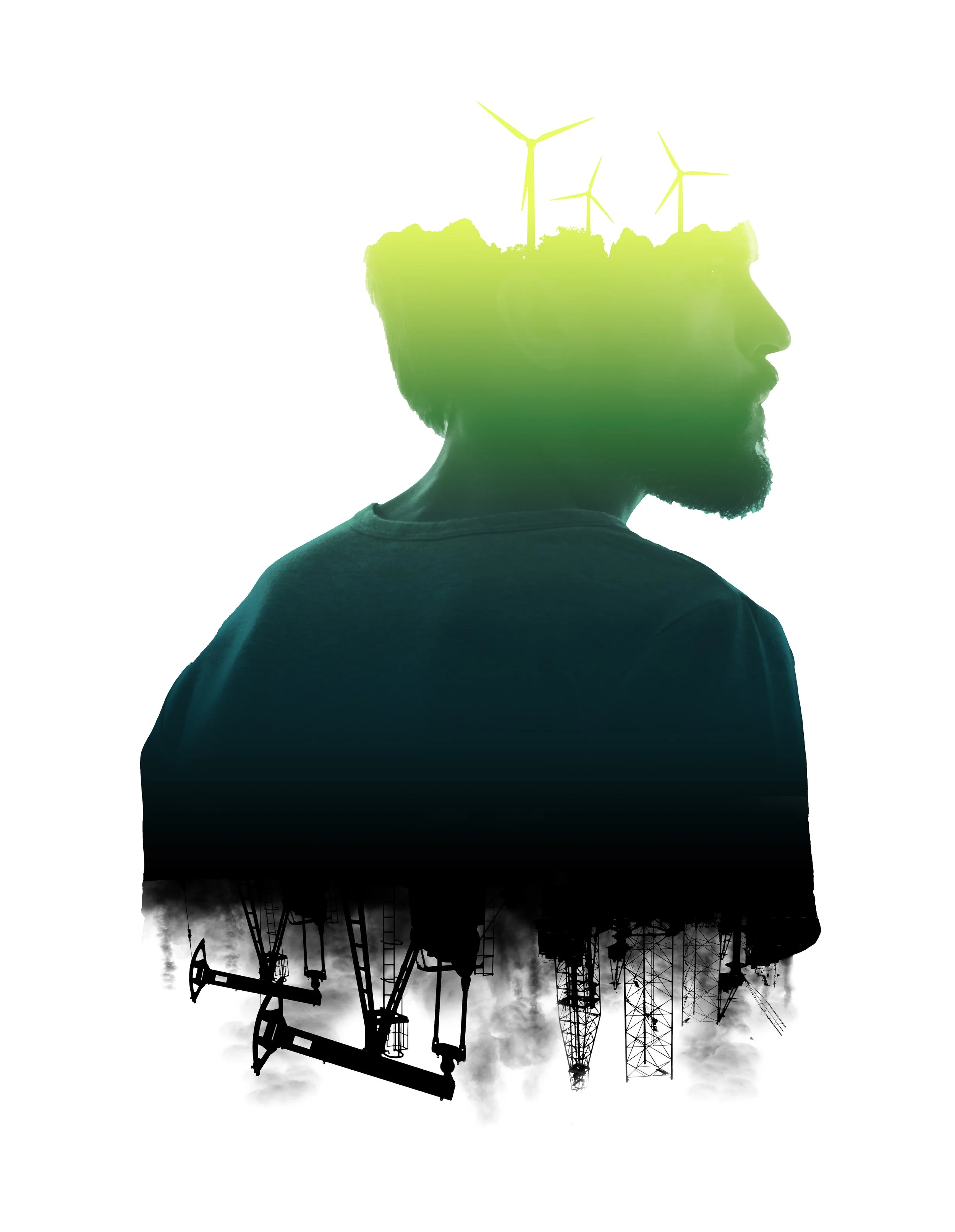 A double exposure image showing a person's profile with the silhouette of wind turbines on their head and a section of an oil or gas drilling rig below.