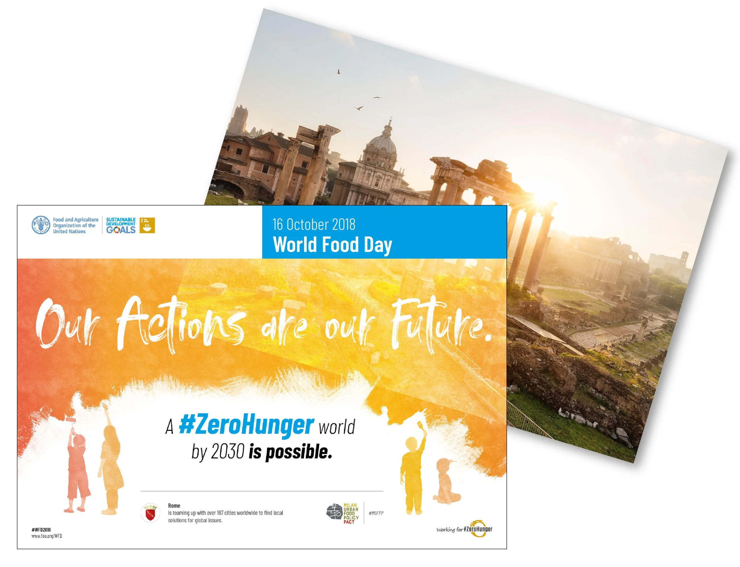 A colorful poster for World Food Day, featuring a cityscape with ancient ruins, a church, and flying birds at sunrise, with logos of UN Food and Agriculture Organization and related organizations, emphasizing zero hunger by 2030.