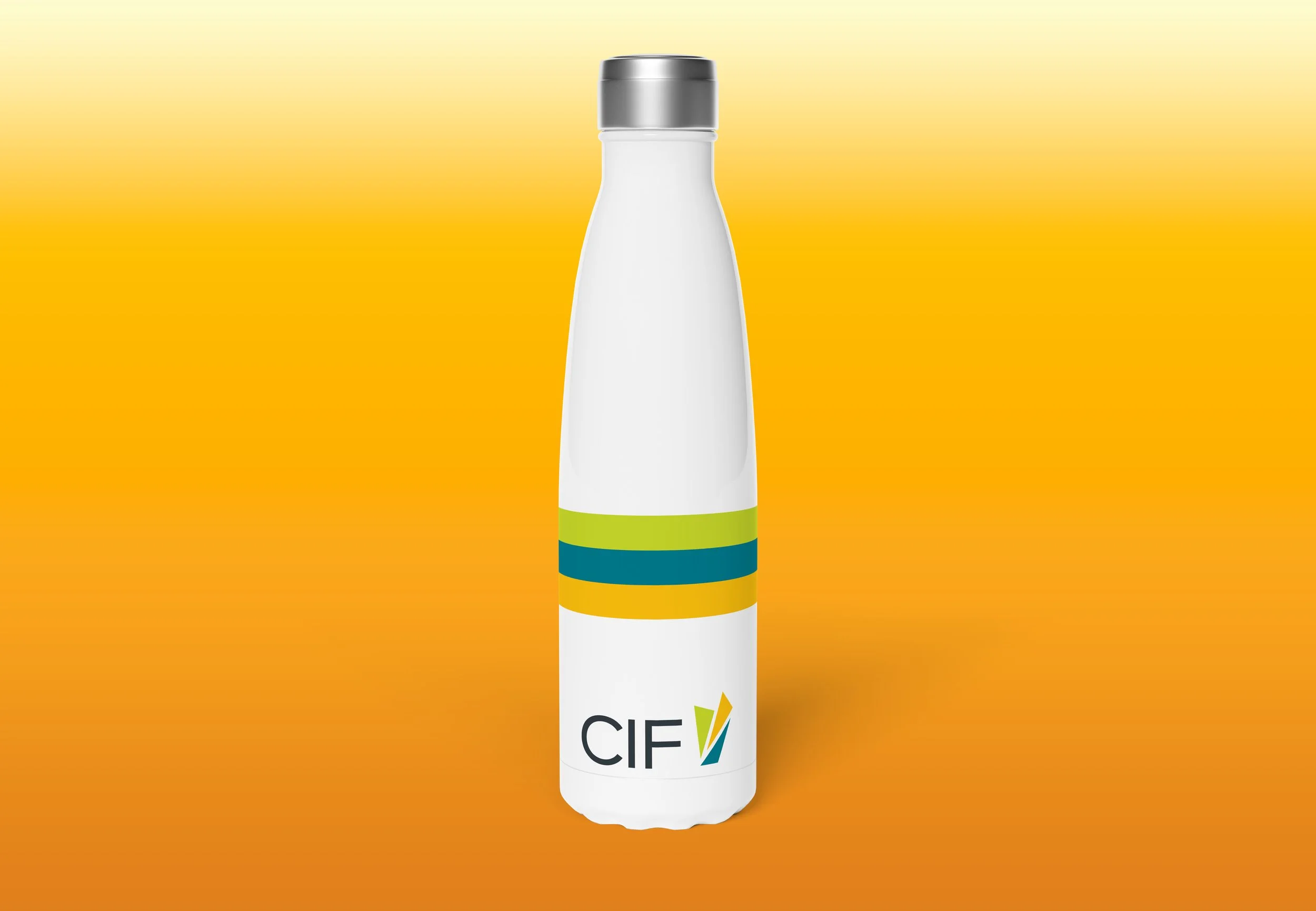 A white bottle with a metallic silver cap and colorful stripes at the bottom, featuring the letters 'CIF' on the front, set against an orange and yellow gradient background.