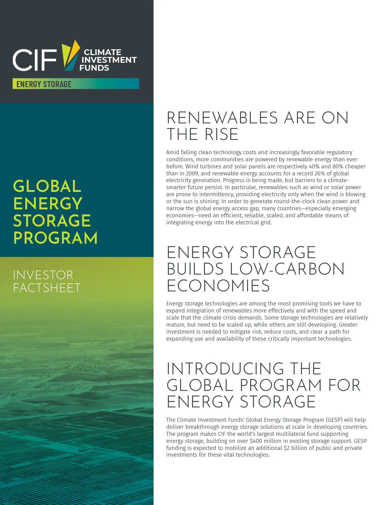 Fact sheet for the Climate Investment Funds' Global Energy Storage Program discusses renewable energy growth, low-carbon economies, and energy storage technology investments.