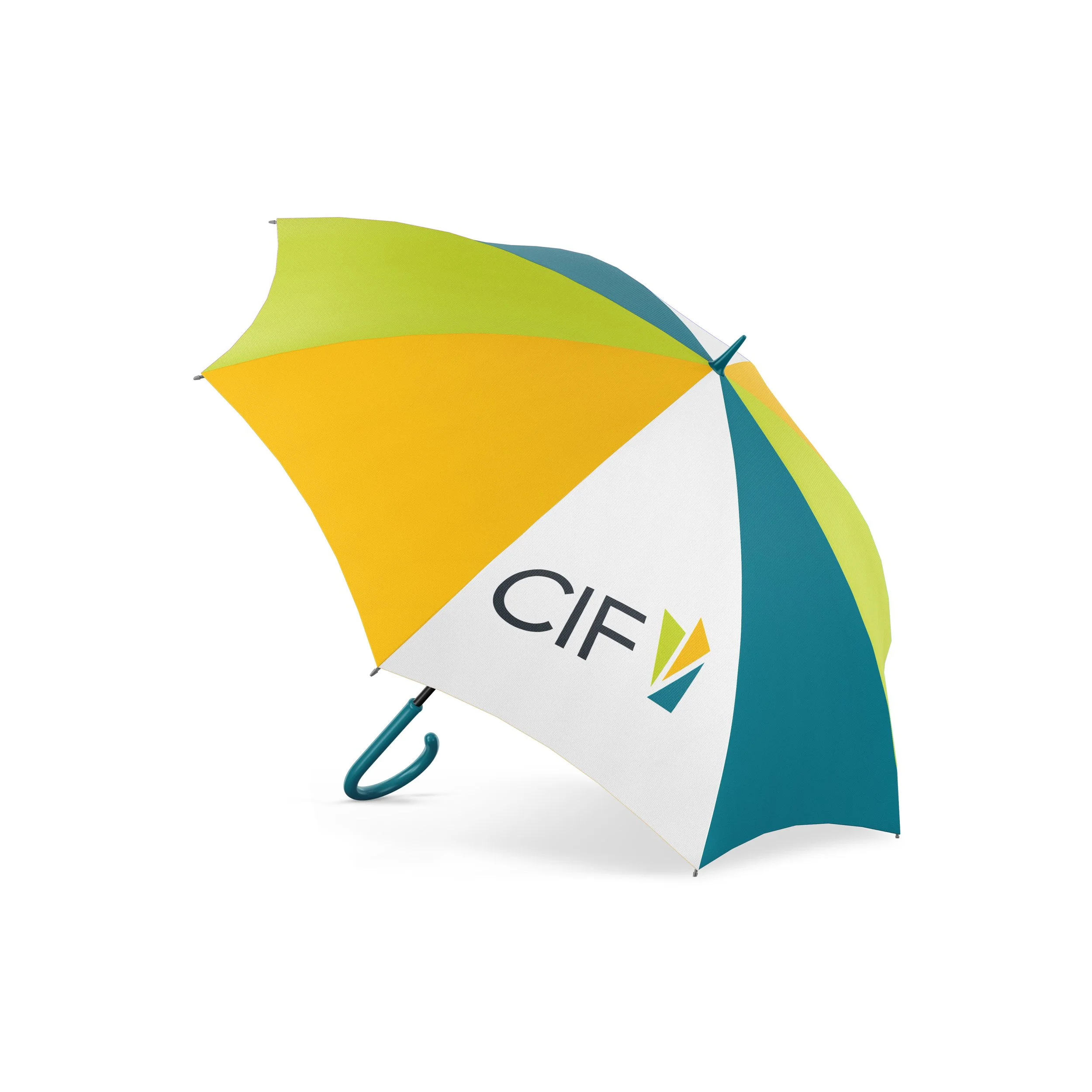 Colorful open umbrella with yellow, green, and blue panels resting on a white background.