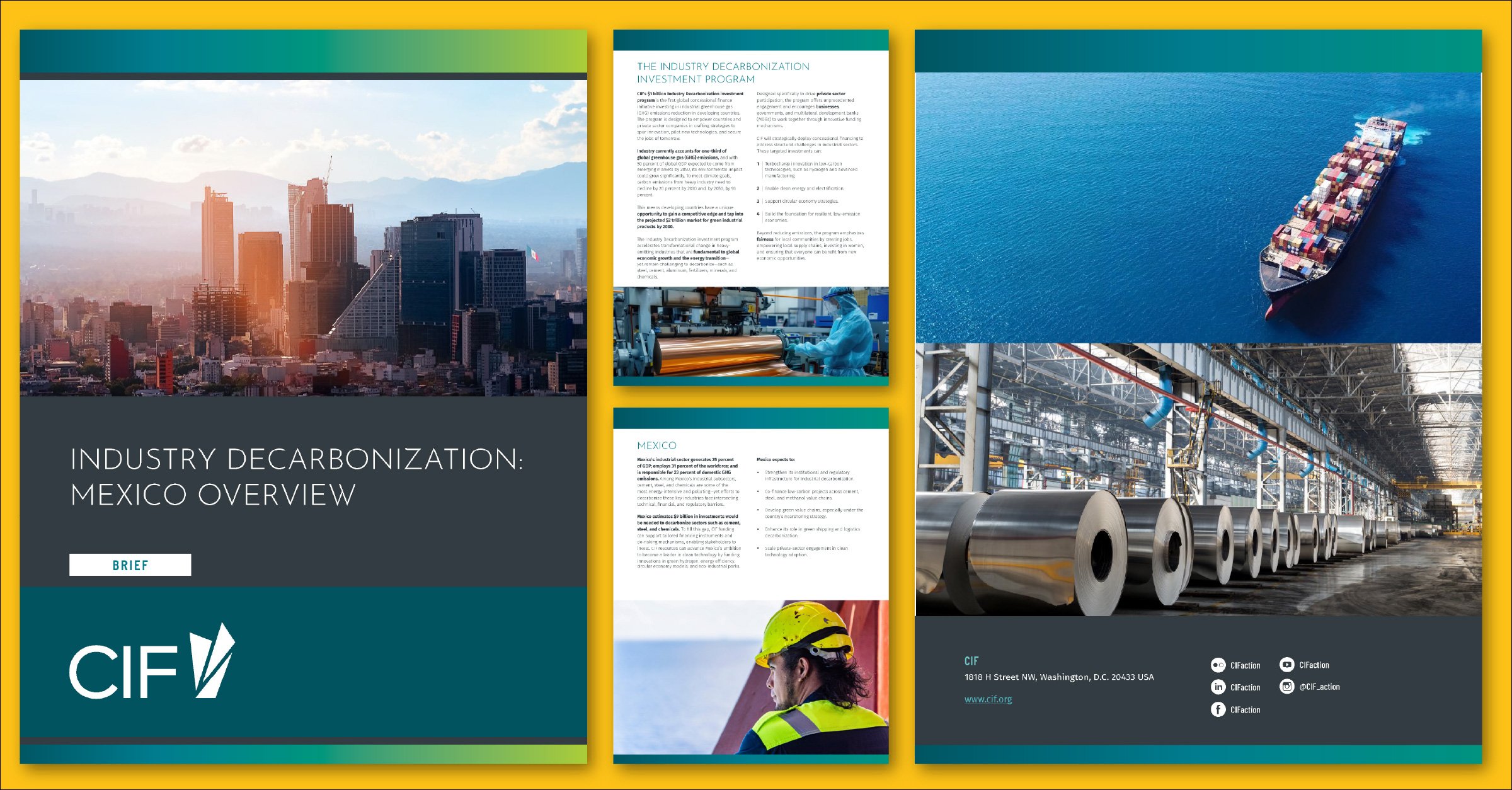 A brochure titled "Industry Decarbonization: Mexico Overview" featuring images of a city skyline, a cargo ship at sea, a worker in a factory, and industrial equipment, with logos and links for CIF and social media at the bottom.