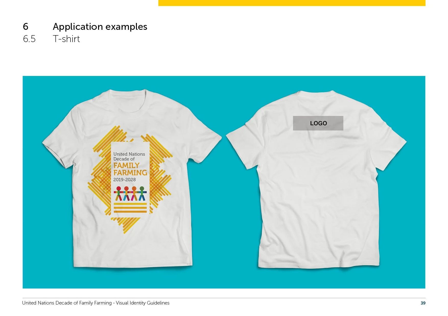 Two white T-shirts on a blue background, one with a graphic design of a map of Africa made of yellow lines, with the text 'United Nations Decade of FAMILY FARMING 2019-2028' and colorful human figures at the bottom. The other T-shirt has a placeholde