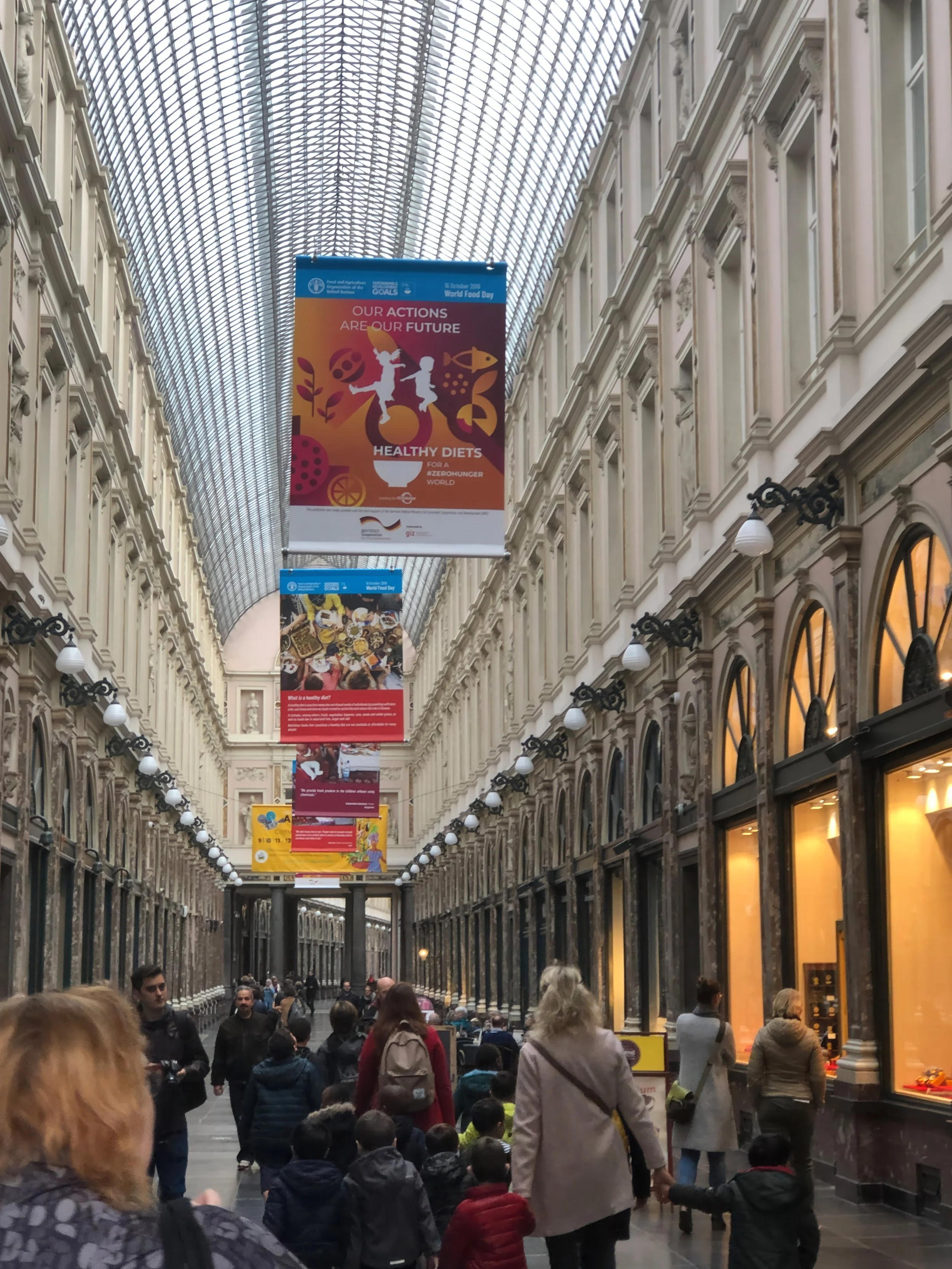 Indoor shopping arcade with glass roof and ornate windows, crowded with people walking and shopping.