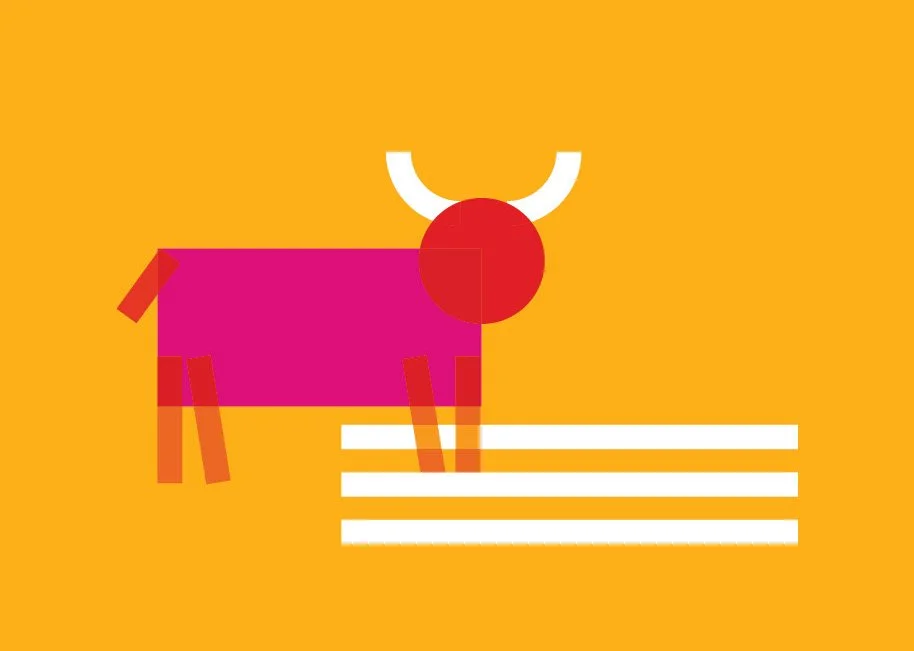 A minimalist, abstract illustration of a reindeer with a pink body, red head, white antlers, and orange legs, standing on white stripes against an orange background.