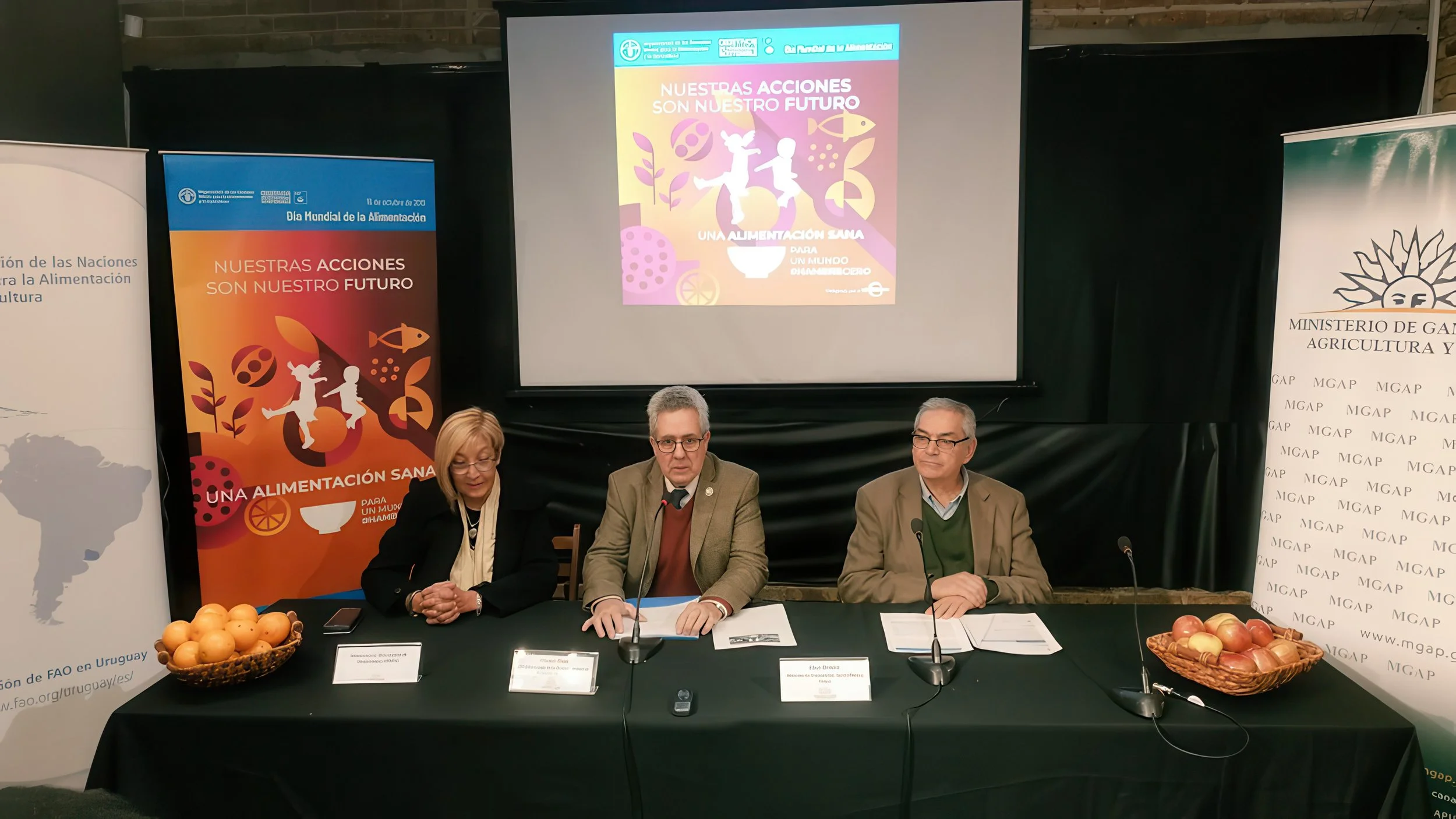 A panel discussion at a conference about healthy eating and food security, featuring three people seated at a table with microphones, surrounded by banners and posters promoting the event and the importance of healthy alimentation.