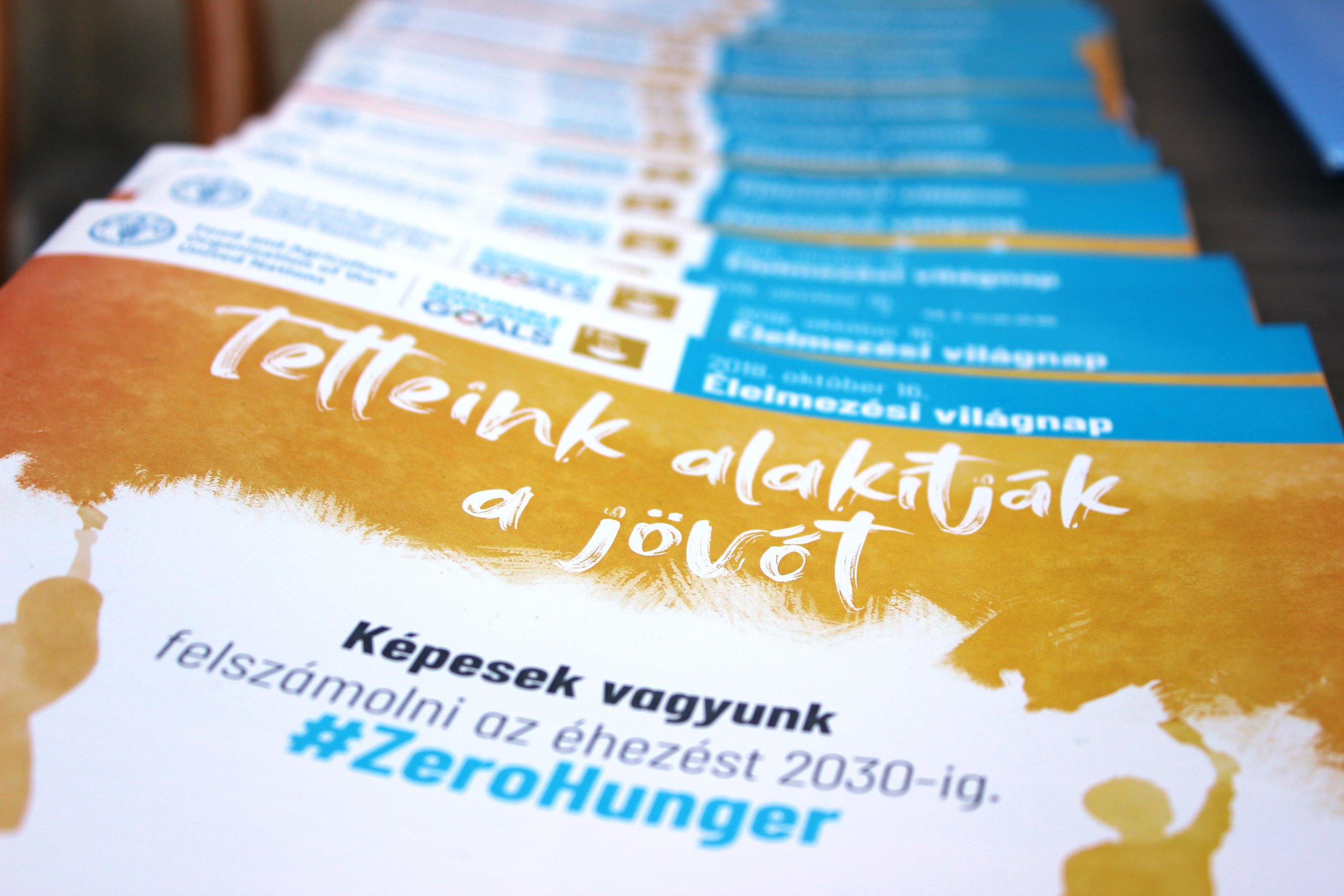 Close-up of a flyer or brochure with Hungarian text, mentioning COVID-19, vaccination, and the hashtag #ZeroHunger, with a background that appears to be wooden.
