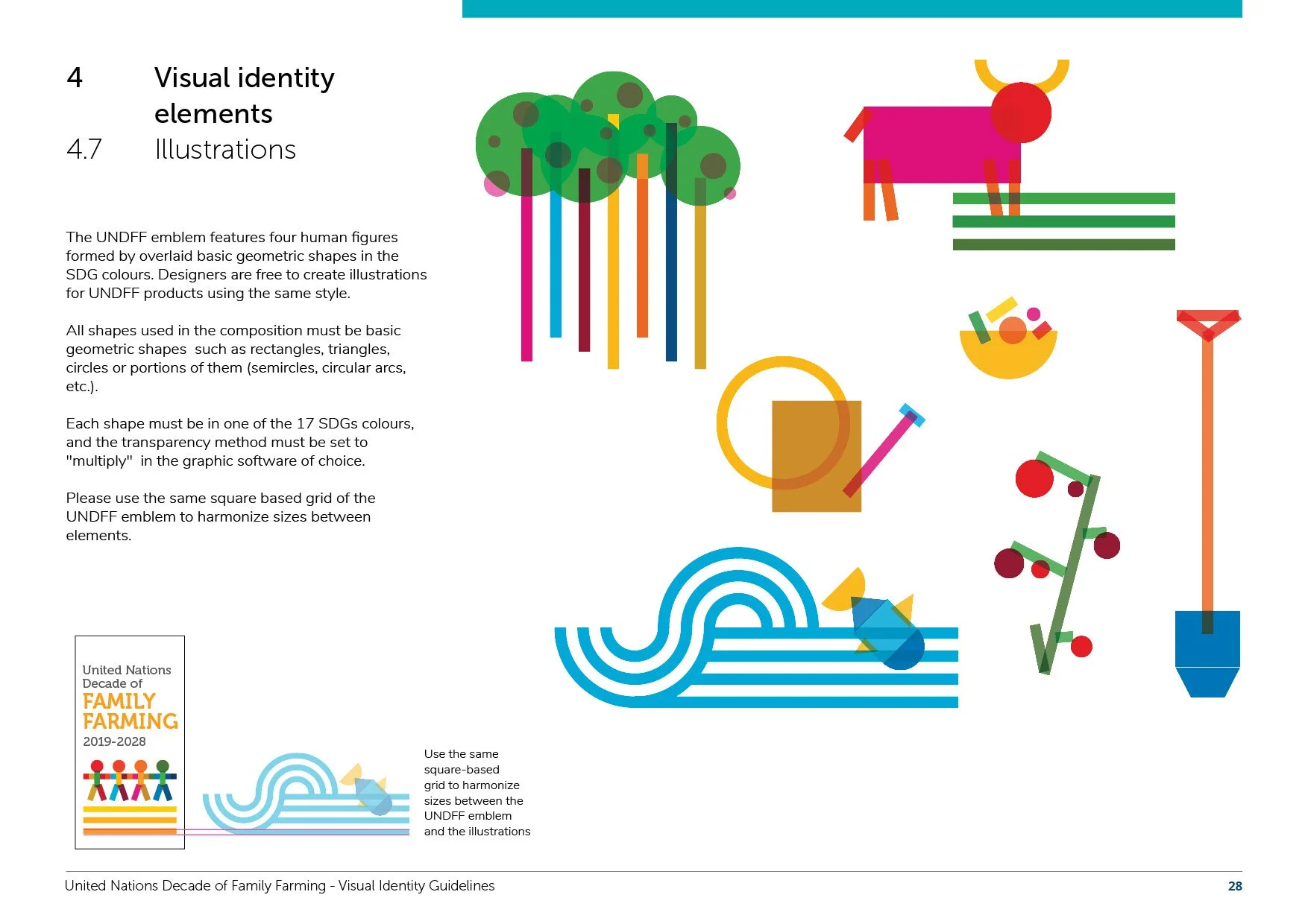 A page from a visual identity guidelines document showing colorful, geometric illustrations of various human figures, animals, and objects, alongside explanatory text about the UNF 4 human figures emblem and usage instructions.