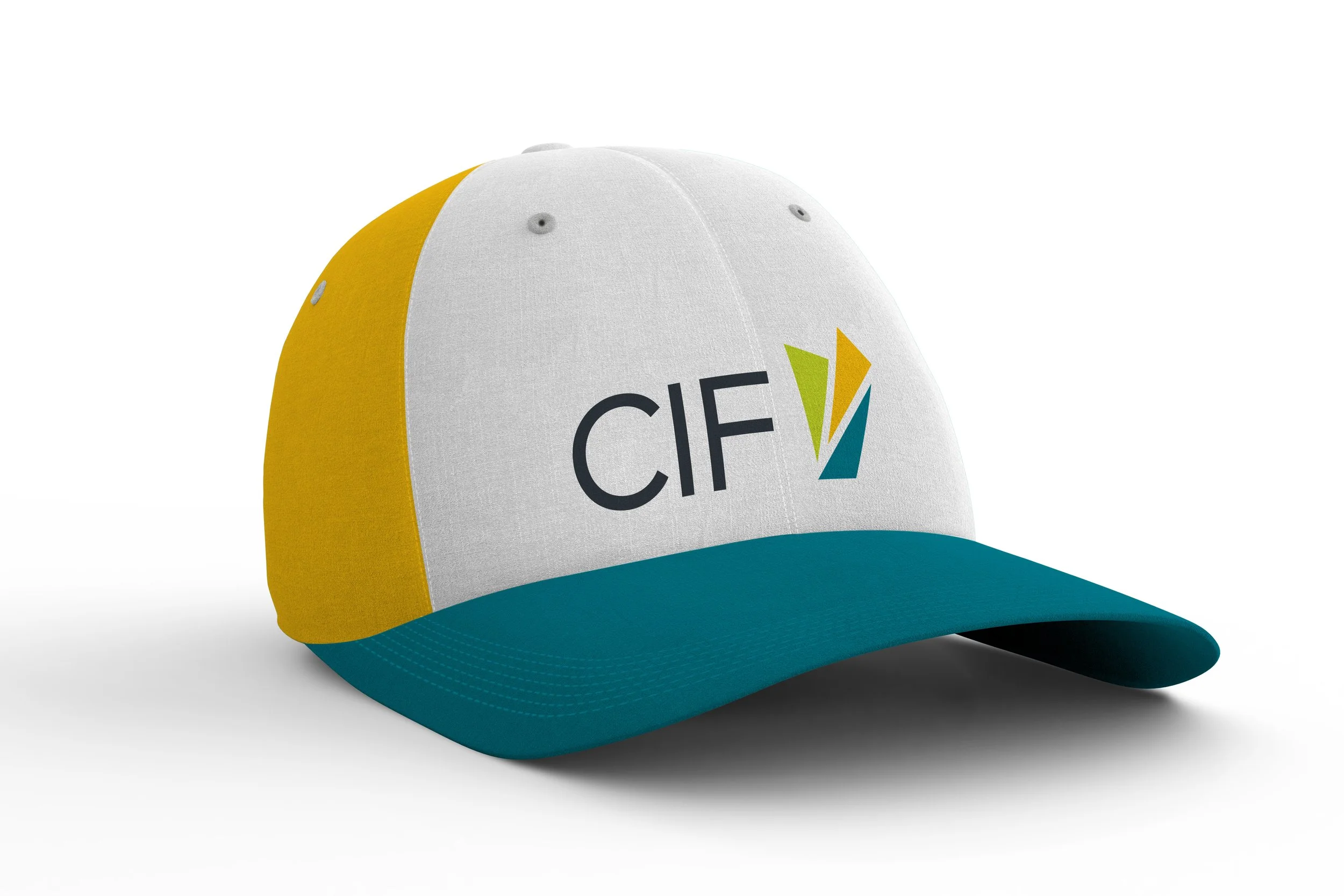 A colorful baseball cap with yellow, white, teal, and black sections, featuring the "CIF" logo.