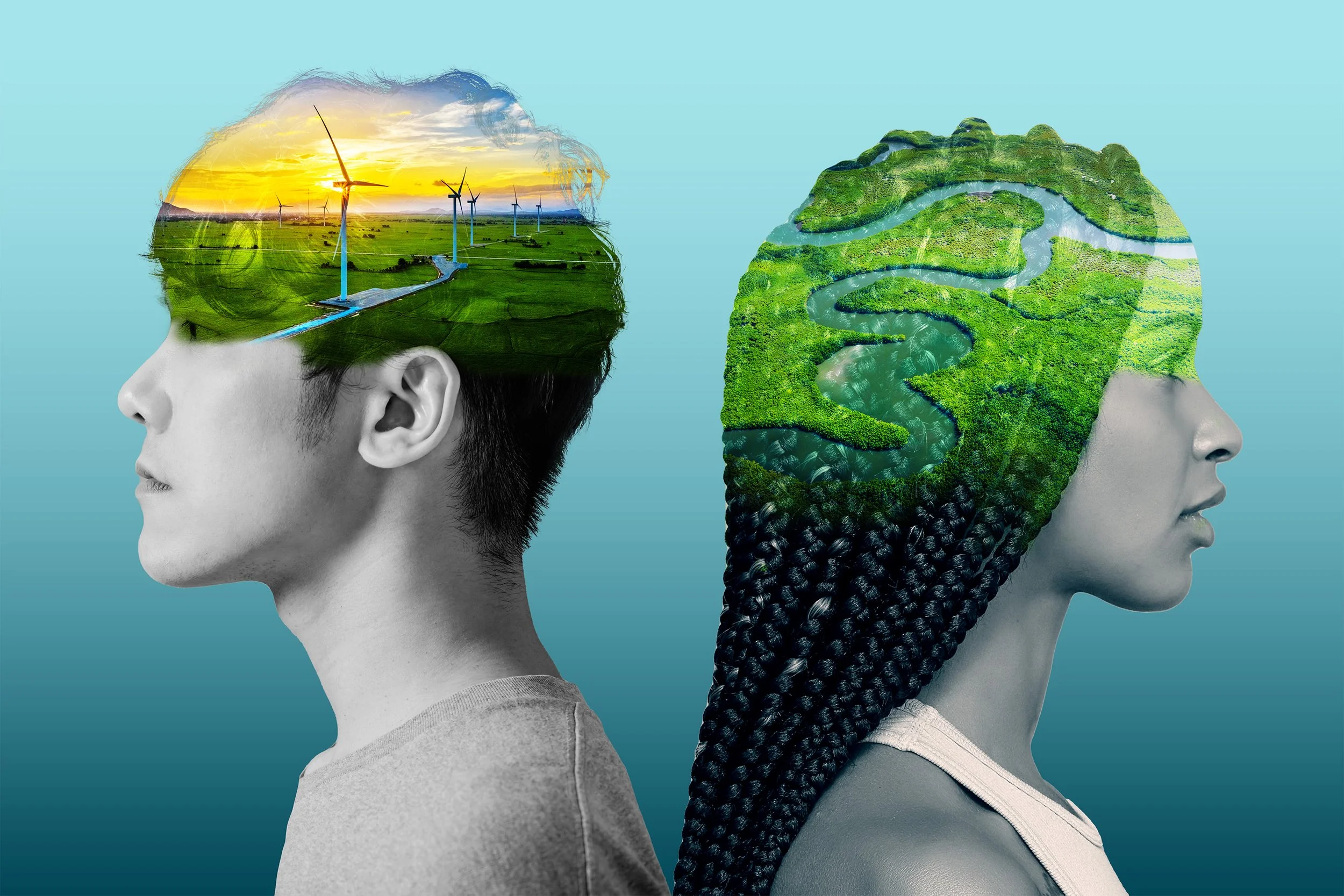 A double exposure image of two women facing opposite directions, with their heads filled with images of landscapes: one with wind turbines and a sunset, the other with rivers and lush greenery.
