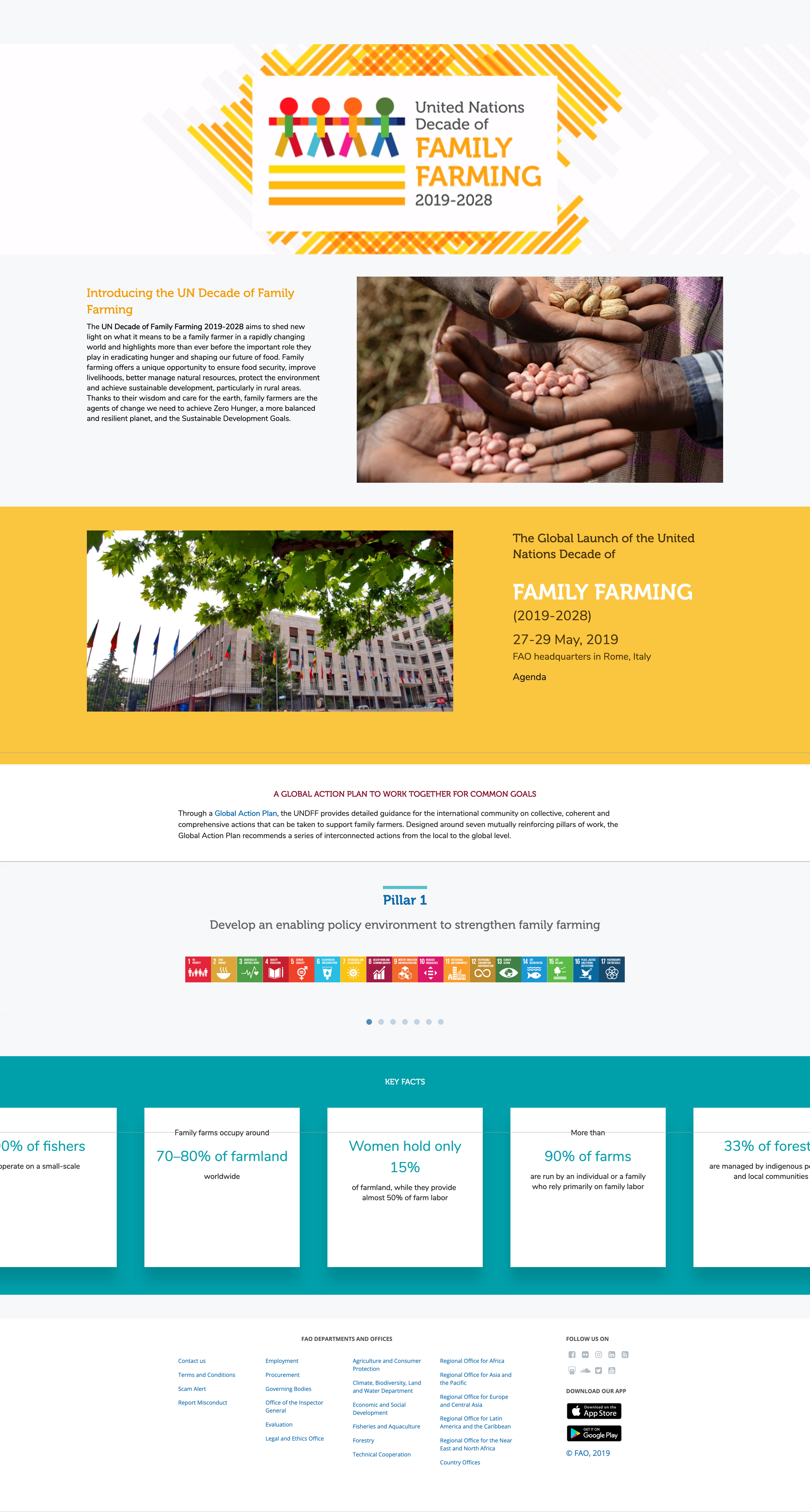 Cover page of a report on the United Nations Decade of Family Farming 2019-2028, featuring colorful graphics, images of hands holding peanuts, a building with flags, and various icons representing sustainable development goals.