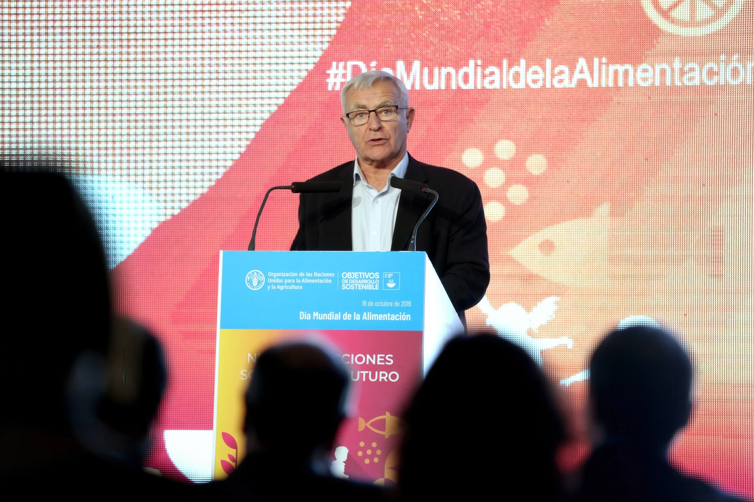 A man speaking at a podium during a conference or event with a large red and blue background that includes text about the UN and sustainable development goals, with an audience in front.