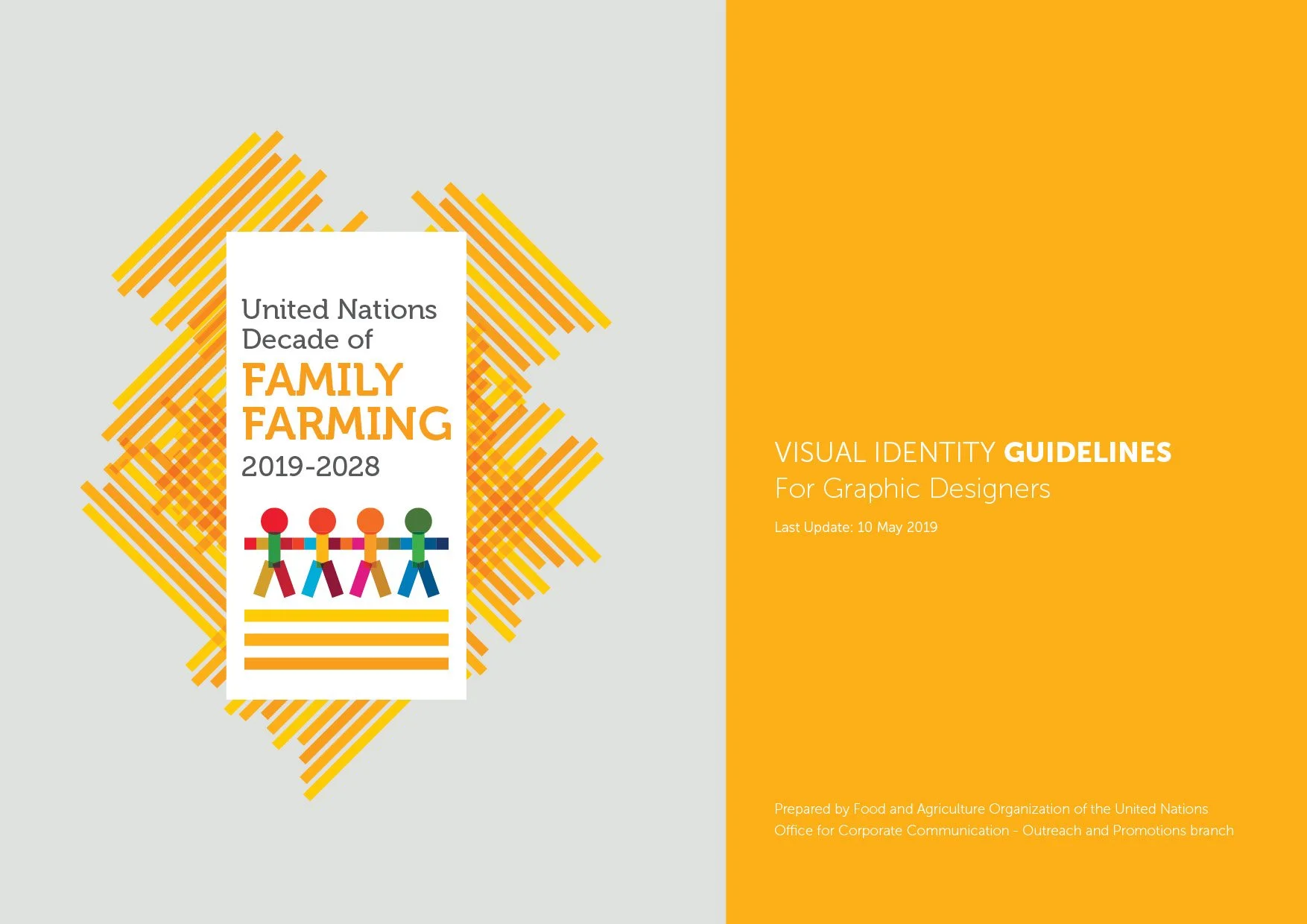 Cover page of a guide titled 'United Nations Decade of Family Farming 2019-2028' with colorful, stylized figures of a family holding hands, and a section labeled 'Visual Identity Guidelines for Graphic Designers', last updated on May 10, 2019, publis