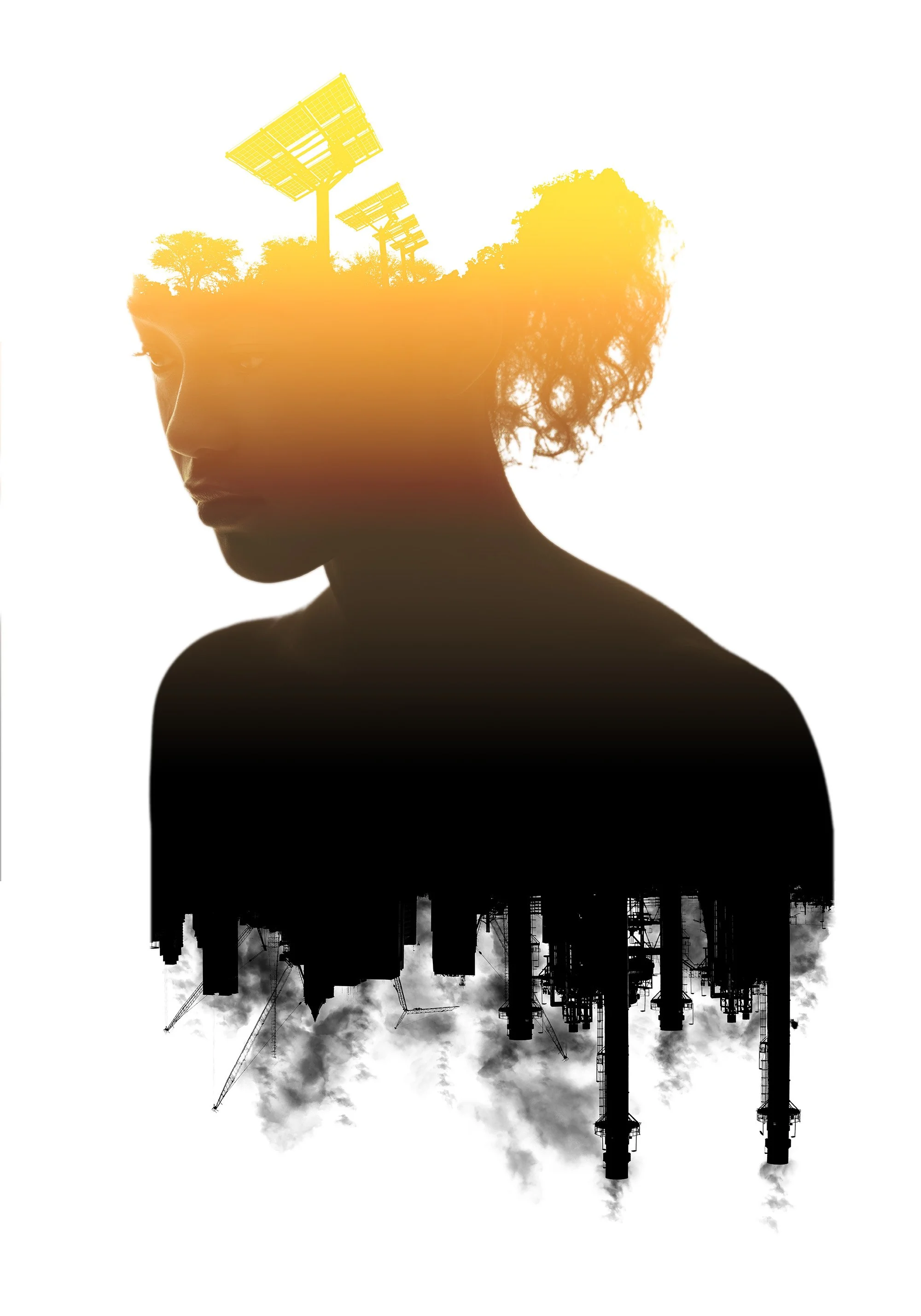 A woman's silhouette with a double exposure effect showing trees, solar panels, and an industrial factory with smokestacks releasing smoke and clouds.