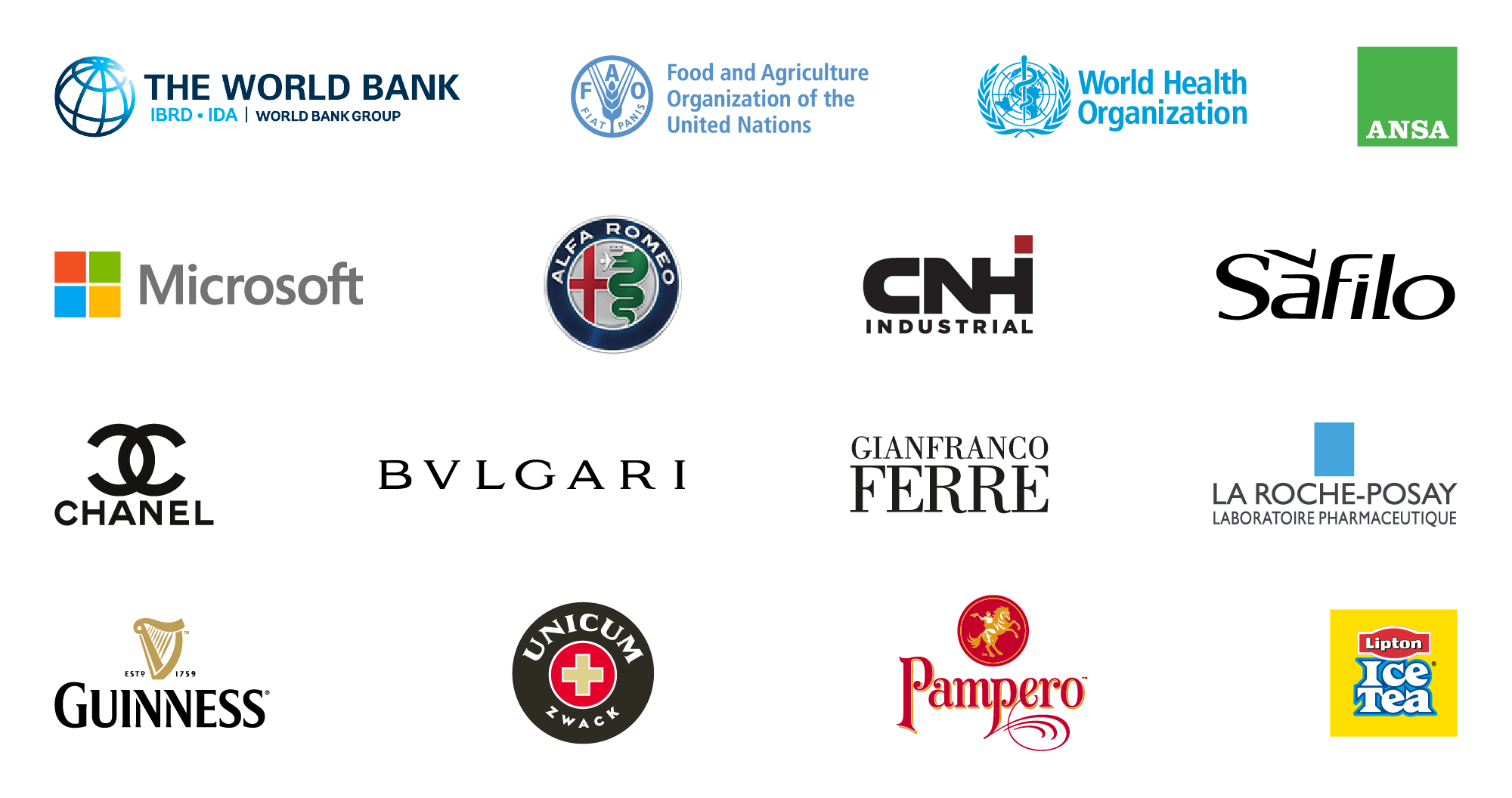 A collage of various logos from food, beverage, and company brands including World Bank, ANSA, Alfa Romeo, Lipton Ice Tea, Unicum Zwack, and others.