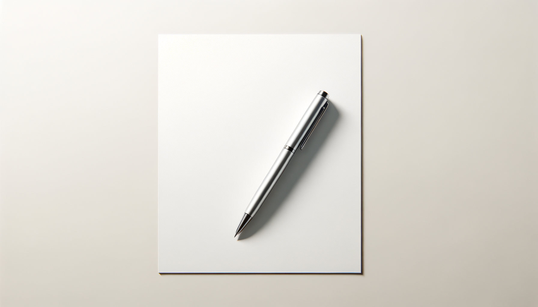 A silver pen resting on a white sheet of paper placed on a light-colored surface.
