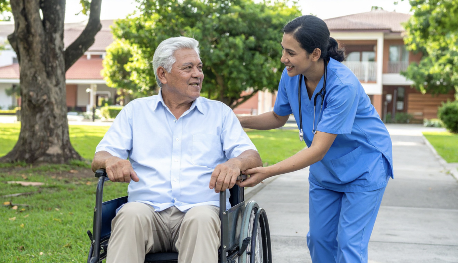 A nurse in blue scrubs pushes an elderly man in a wheelchair outdoors on a sunny day, smiling and engaging in conversation.