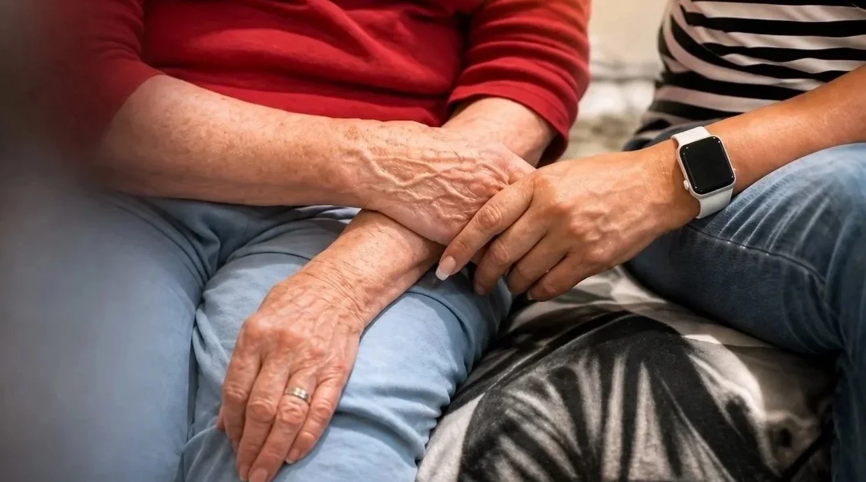 A younger person holding hands with an elderly person, both sitting close together on a couch.