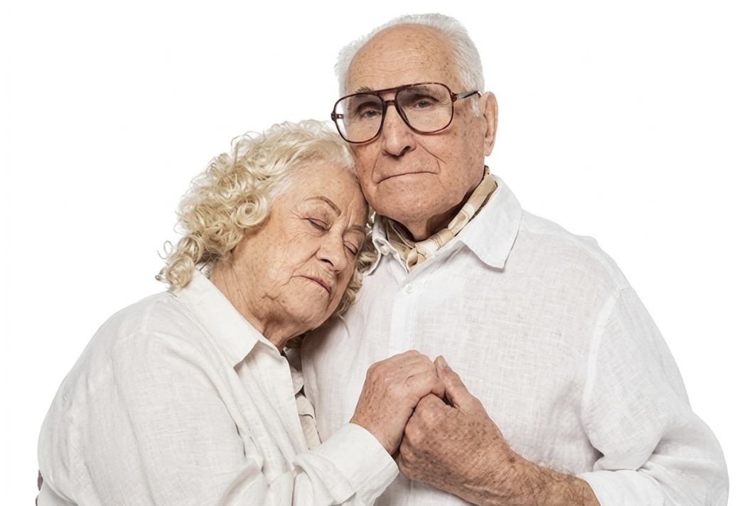 An elderly couple, woman with curly blonde hair and man with glasses and white hair, holding hands and close together, wearing white shirts against a white background.
