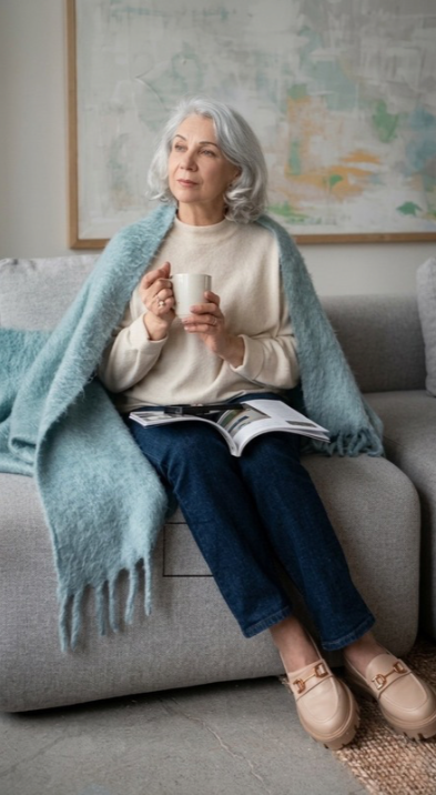 An older woman with gray hair sitting on a gray sofa, holding a white mug, with a blanket over her shoulders and an open magazine on her lap, in a cozy living room.