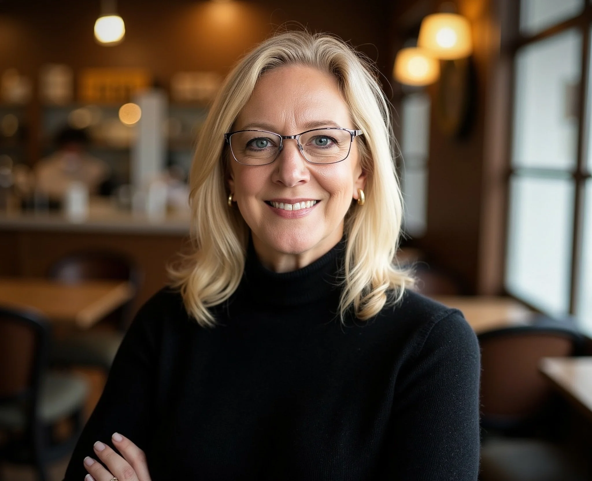 A woman with blonde hair, glasses, and a black top smiles at the camera in a warmly lit indoor space.