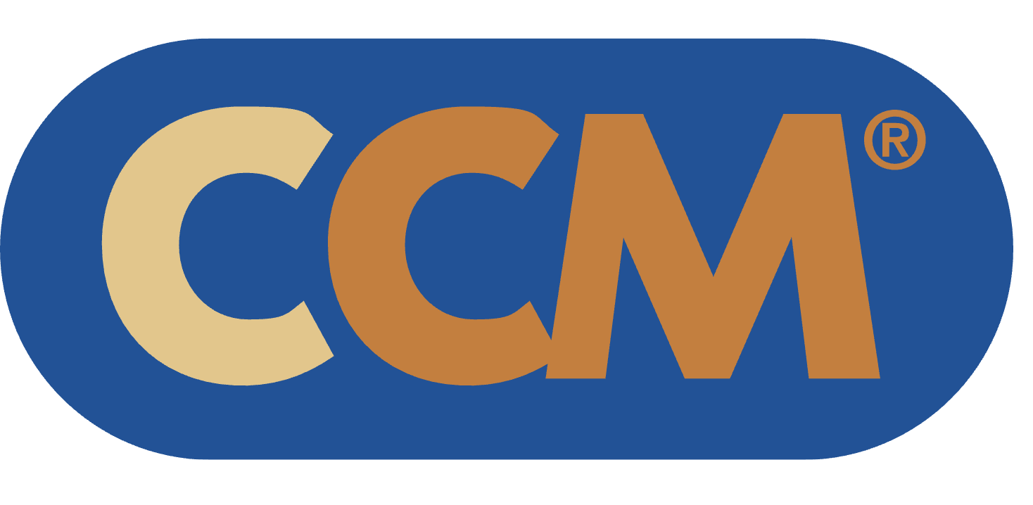 Colorful CCM logo with blue, beige, and brown letters inside an oval shape.