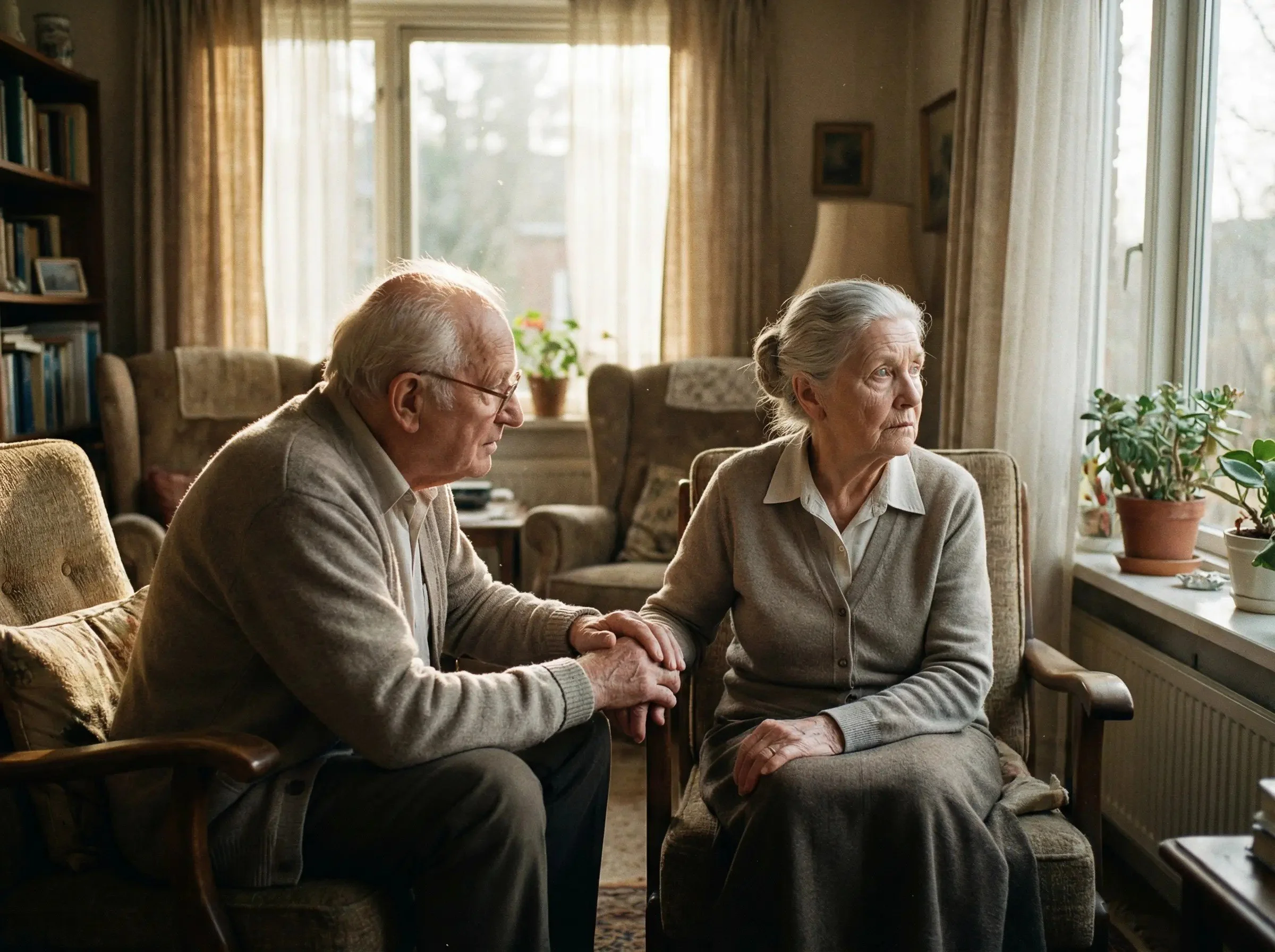 An elderly man and woman sitting together in a cozy living room, holding hands. The room has large windows with curtains, a bookshelf filled with books, and potted plants near the window. Sunlight filters through the curtains, creating a warm atmosph