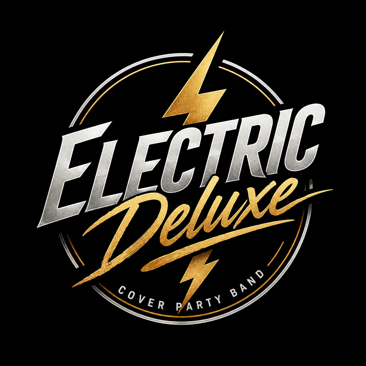 Logo for Electric Deluxe Cover Party Band with a gold lightning bolt and stylized text on a black background.