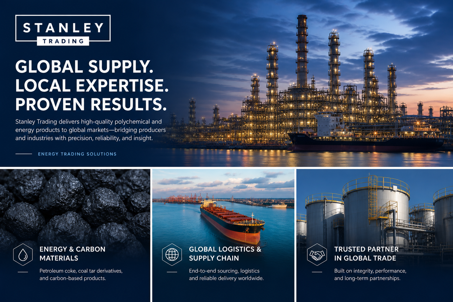 A promotional image for Stanley Trading featuring a large oil refinery by the water at sunset, with three smaller images below showing black coal, a cargo ship, and storage tanks. The text highlights global supply, local expertise, and proven results in energy trading, logistics, and global trade partnerships.