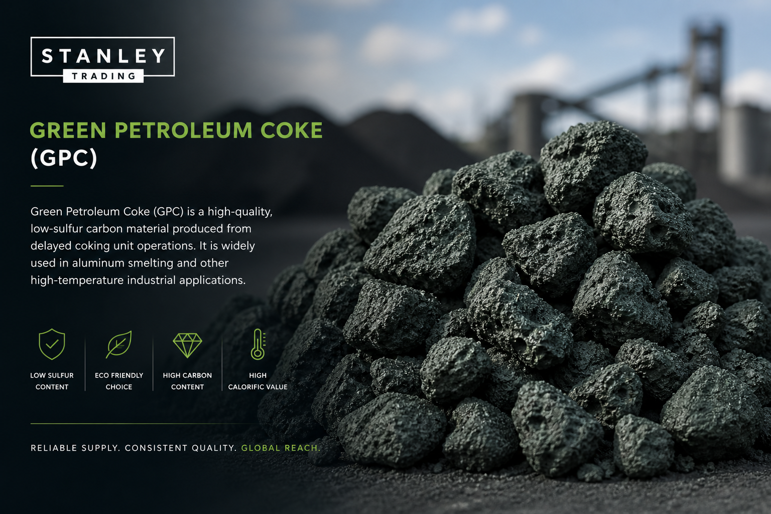 Piles of green petroleum coke (GPC) with industrial facility in the background, promoting its high-quality, low-sulfur carbon material use in industrial applications.