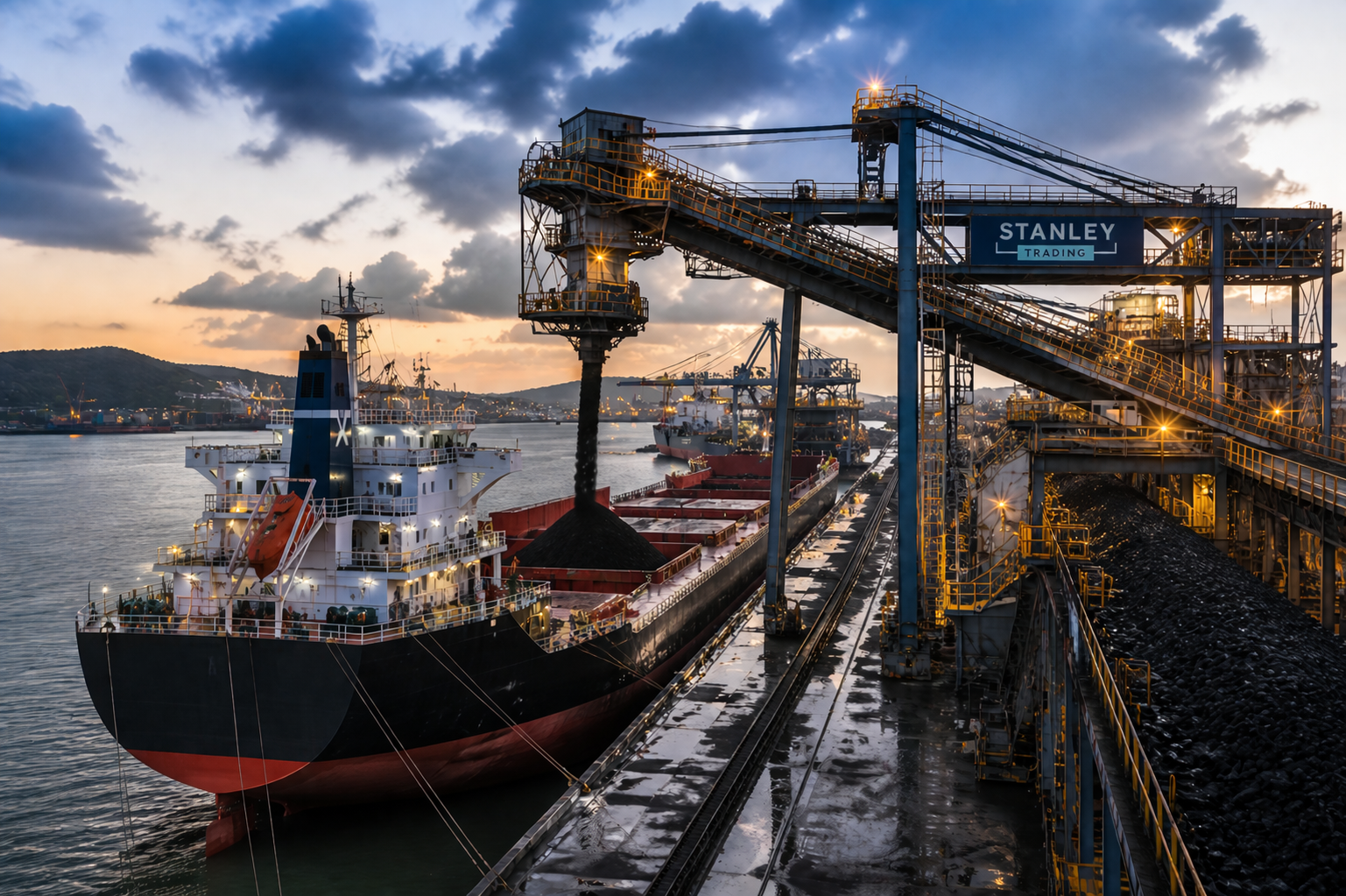 Cargo ships docked at a busy port during sunset, with large conveyor belts and industrial equipment for loading and unloading cargo.