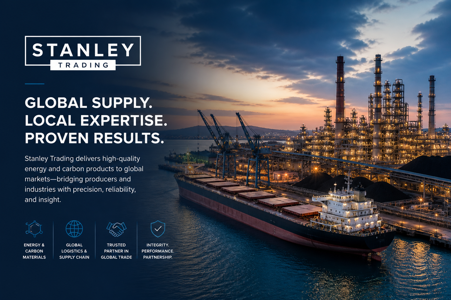 A large cargo ship in a busy industrial port with oil refinery structures and cranes at sunset, promoting Stanley Trading's global supply and energy products.