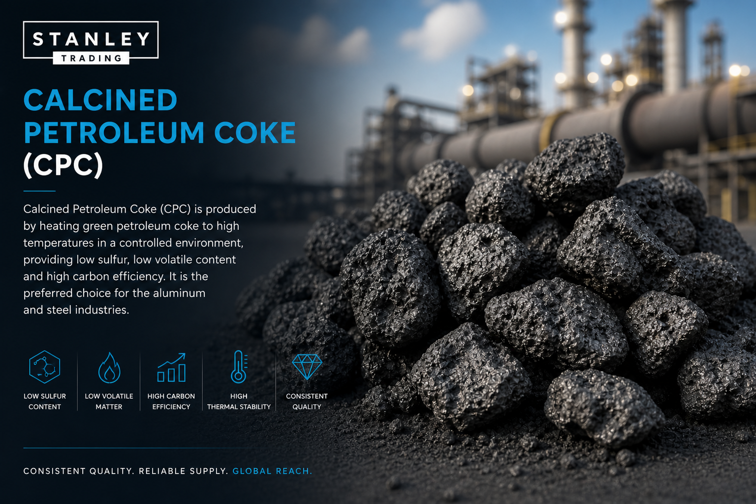Pile of black calcined petroleum coke with industrial plant in the background, advertising low sulfur, low volatile content, high efficiency, high thermal stability, and consistent quality.