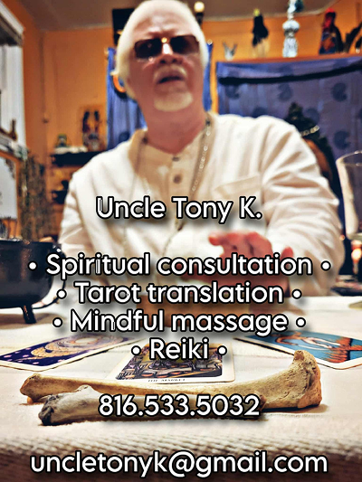 Photo of Uncle Tony K. conducting a spiritual consultation, tarot reading, mindful massage, or Reiki. He is wearing sunglasses and a light-colored shirt, sitting at a table with tarot cards and animal bones. Contact information and phone number are displayed on the image.
