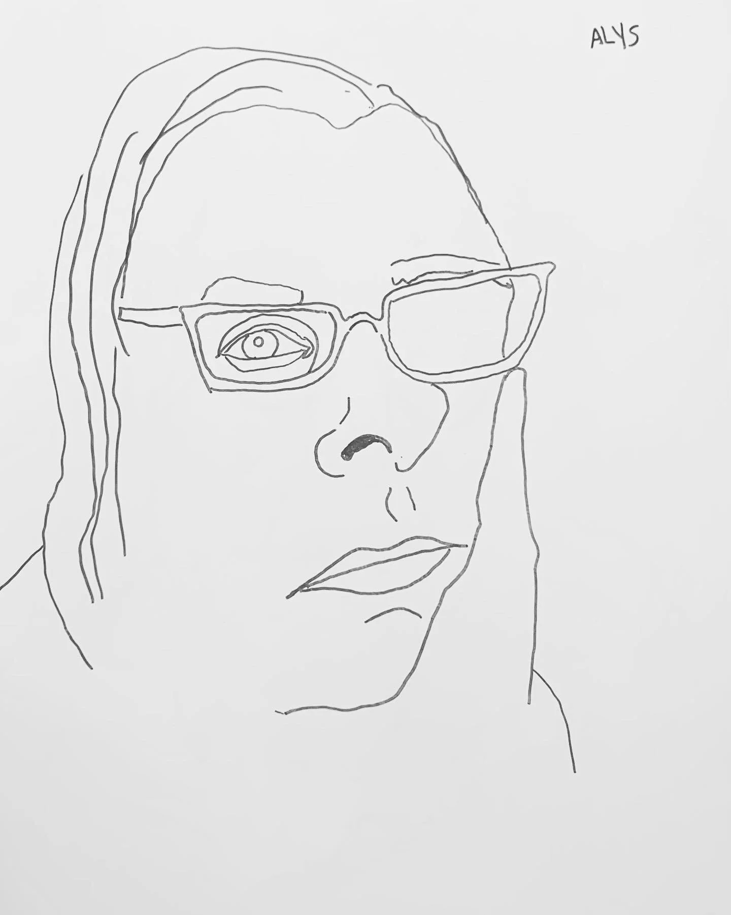Line drawing of a woman's face wearing glasses, signed "Alys" at the top right corner.