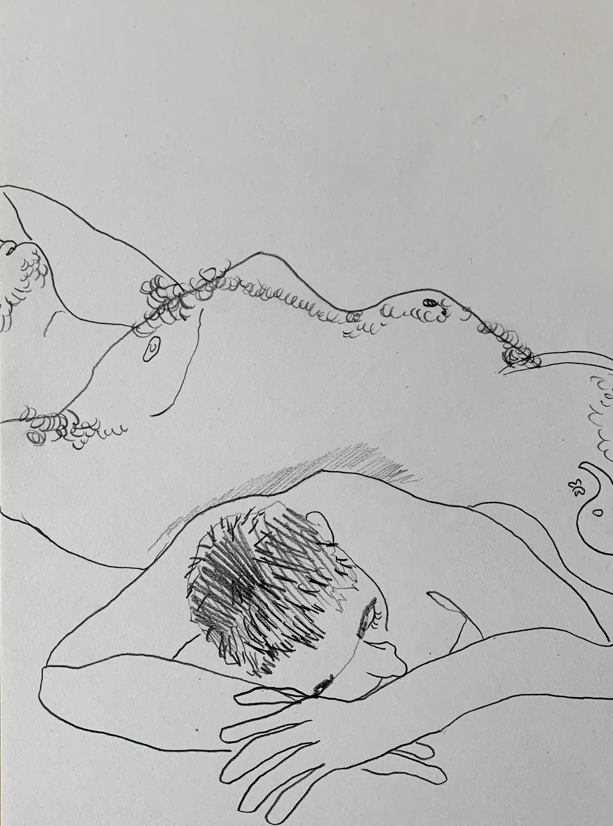 A black and white line drawing of two human figures, some sleeping or resting on one another, with minimal detail.